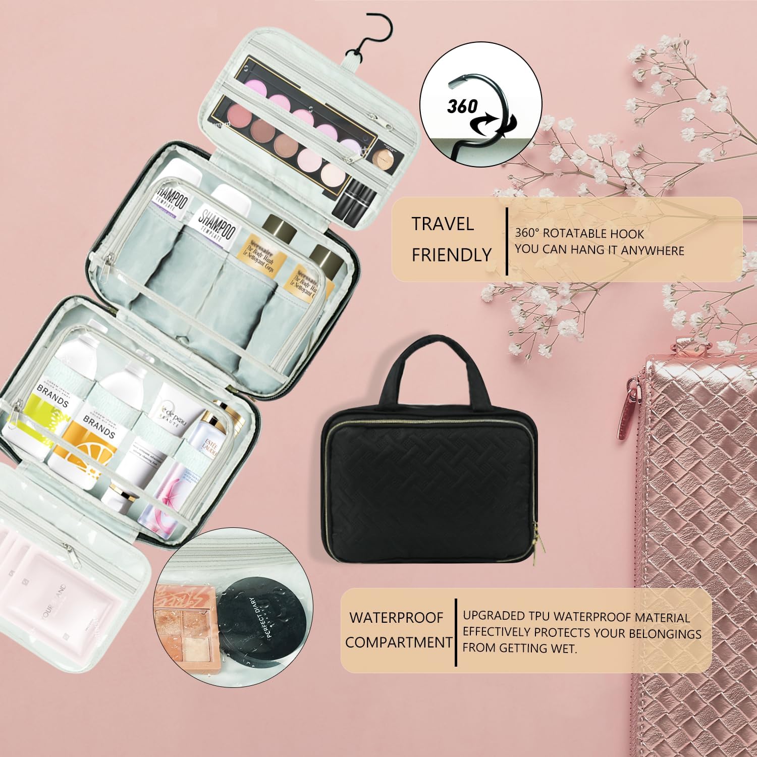 VLM Neceser de viaje, organizador de maquillaje con bolsa de cosméticos transparente aprobada por la TSA, artículos esenciales de viaje, accesorios