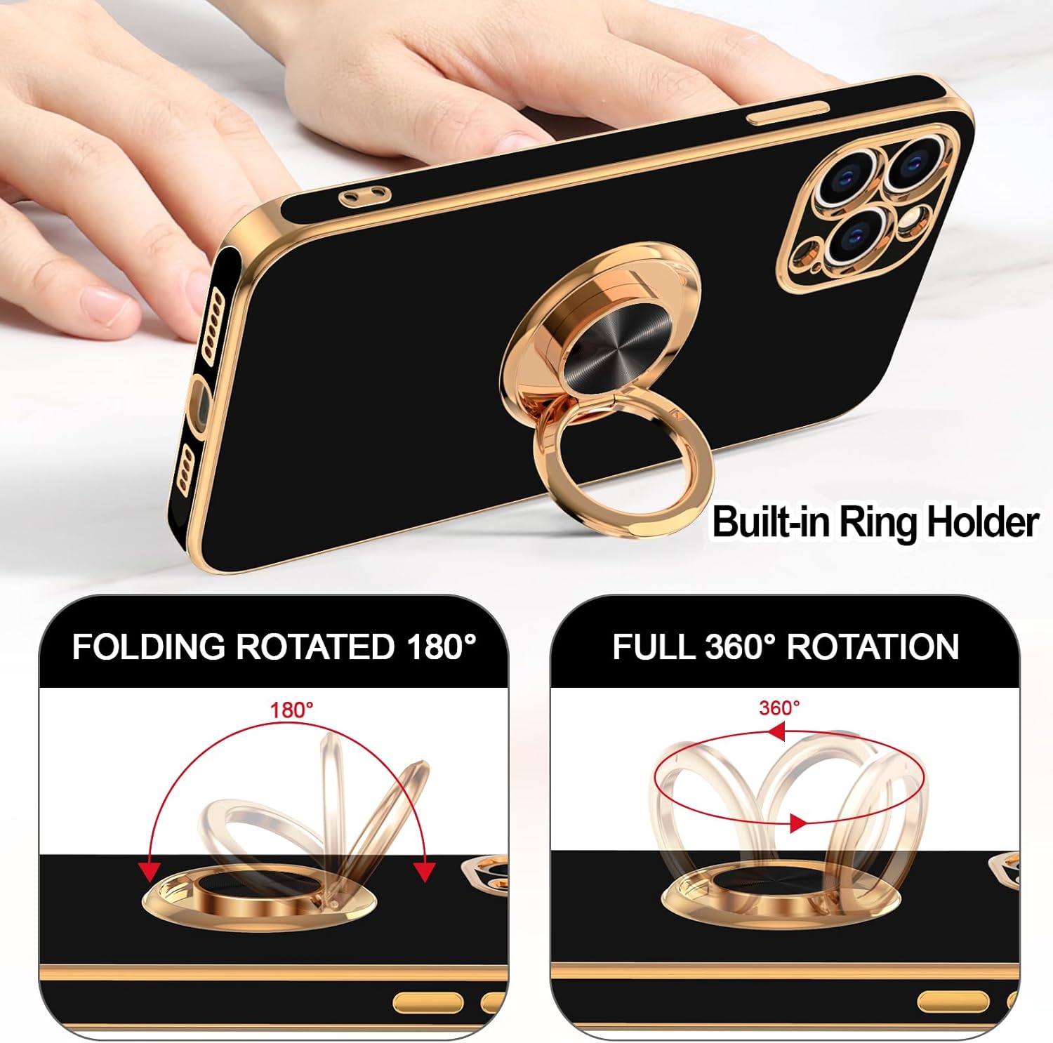 Hython Funda para iPhone 12 Pro con soporte de anillo soporte de anillo giratorio de 360 con soporte magnético chapado de lujo en oro rosa suave TPU