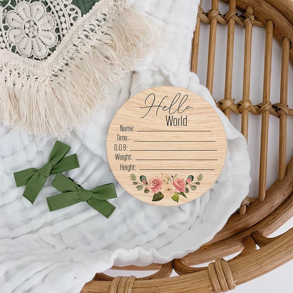 Tarjeta redonda de anuncio de nacimiento de madera personalizada para bebé recién nacido, placa de madera con el nombre del bebé y detalle de