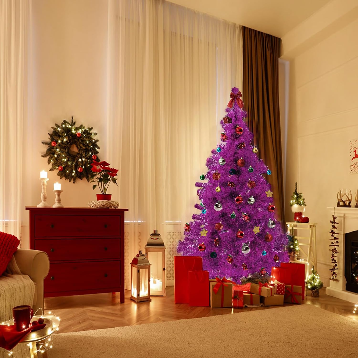 Árbol de Navidad morado, árbol de Navidad de Halloween de 6 pies para decoración de fiestas de temporada, árbol de vacaciones artificial con 550