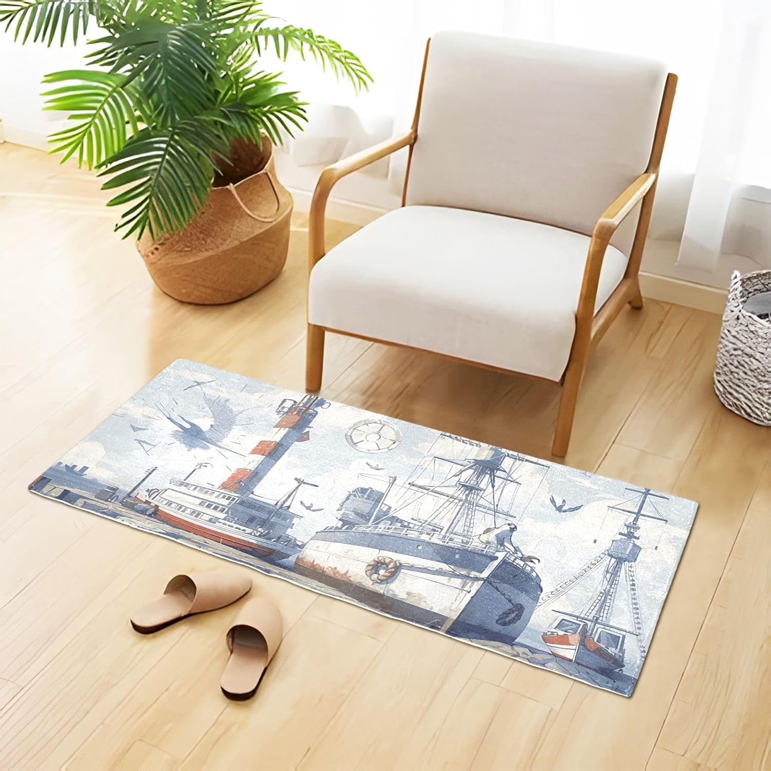 Joisal Alfombras náuticas retro de baño azul y blanco para suelo de baño, lavable a máquina, antideslizante, alfombra de baño con parte trasera de