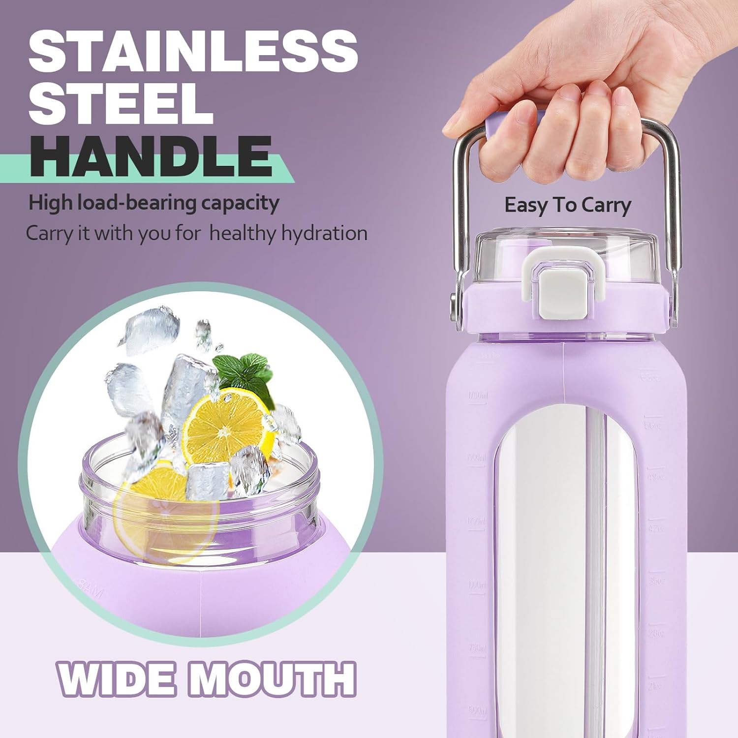 HYDRAGLAZIC Botella de agua de vidrio de 64 onzas, botella de agua potable de vidrio con popote y mango de acero inoxidable, botella de agua