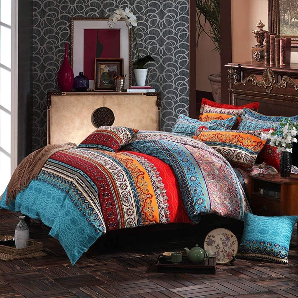 ABREEZE Juego de ropa de cama de 3 piezas, estilo bohemio, retro, étnico, vintage, floral, ropa de cama bohemia, 100% algodón cepillado, damasco,