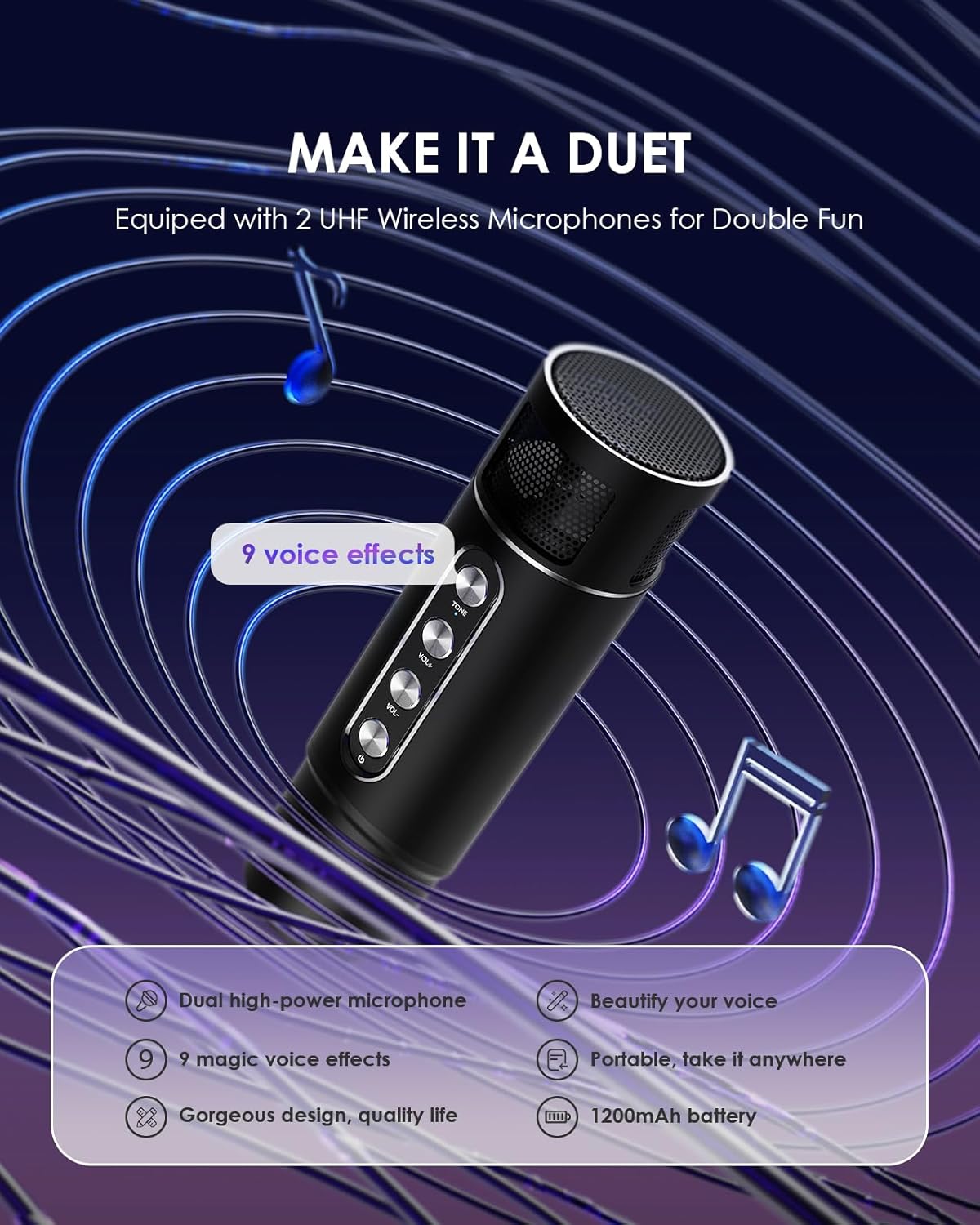 Máquina de karaoke para adultosniños con 2 micrófonos inalámbricos UHF, XIZJ 4000mAh altavoz portátil Bluetooth de karaoke con correaluces RGB,