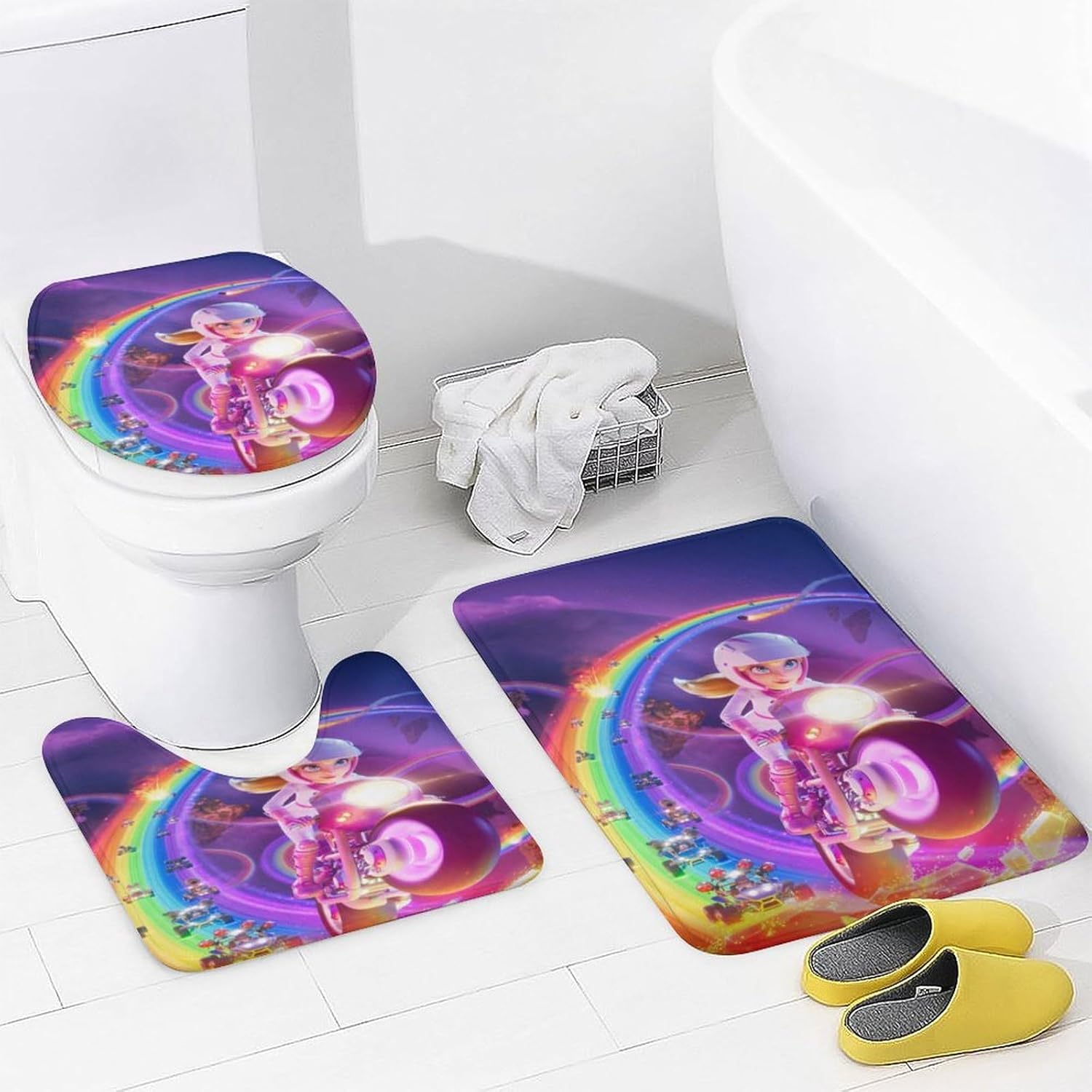 Juego de cortina de ducha de juego de dibujos animados con alfombra antideslizante, cubierta de tapa de inodoro, tapete de baño, juego de baño