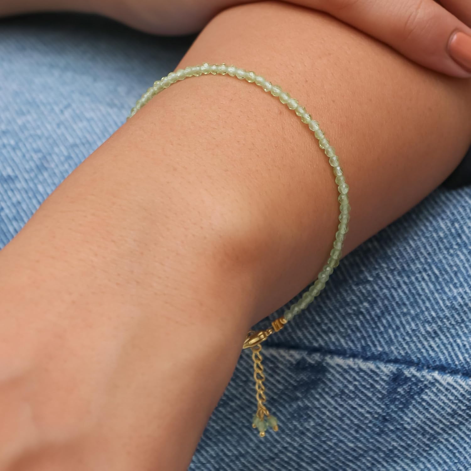 Gempires Natural Peridot Beads Bracelet, August Birthstone Jewelry Handmade Beaded 2.4-2.5 mm Green Peridot Beads with 7 +1 inch Adjustable Chain