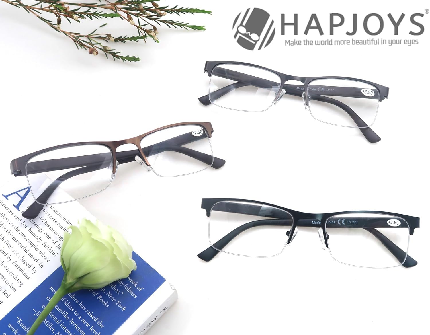 Gafas de lectura para hombre, con bloqueo de luz azul, rectangulares, de medio marco, de metal, con bisagra de resorte, paquete de 3