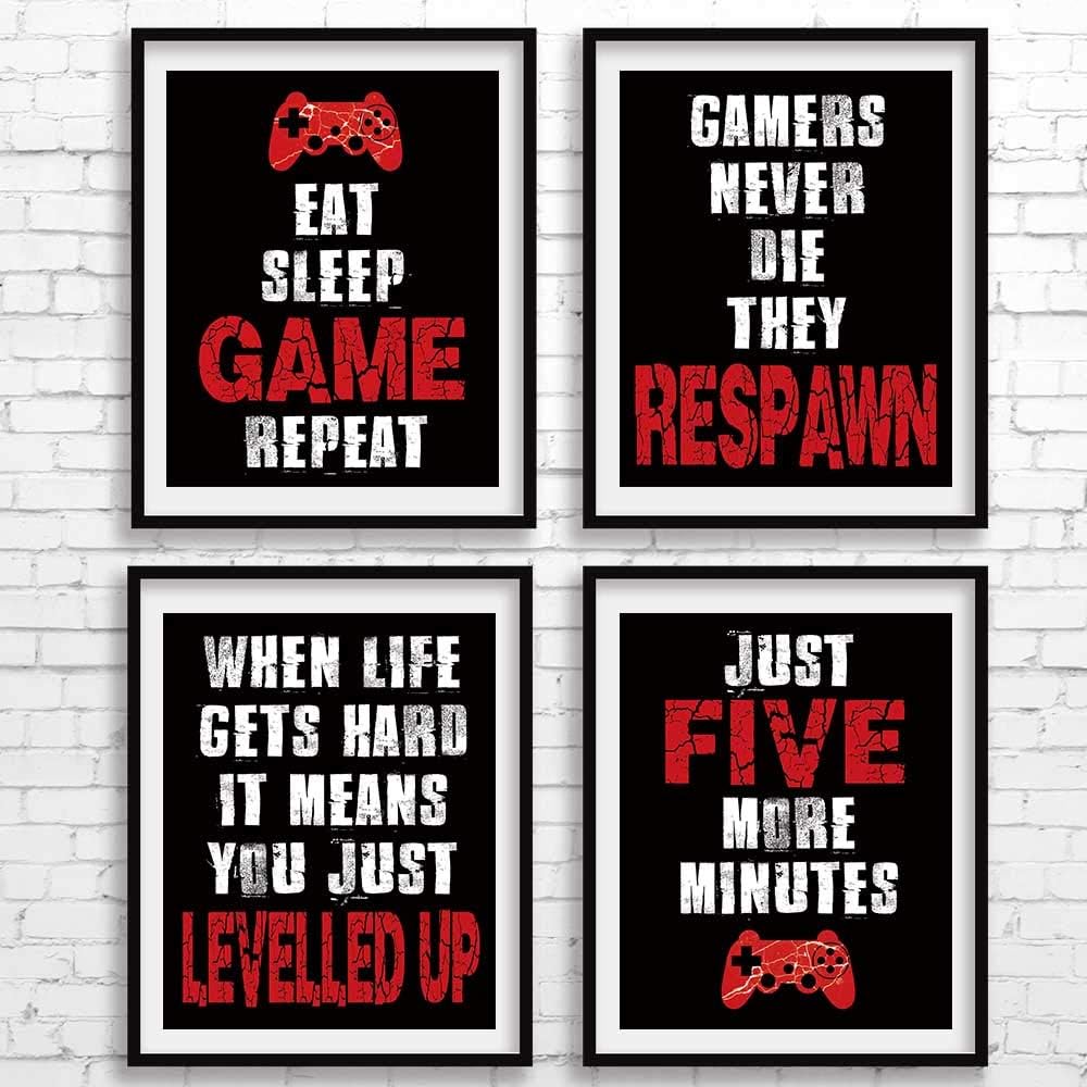 CHIEN-CHI LILI Juego de 4 pósteres de videojuegos azules (8 x 10 pulgadas), decoración de pared de habitación con temática de videojuegos, arte de