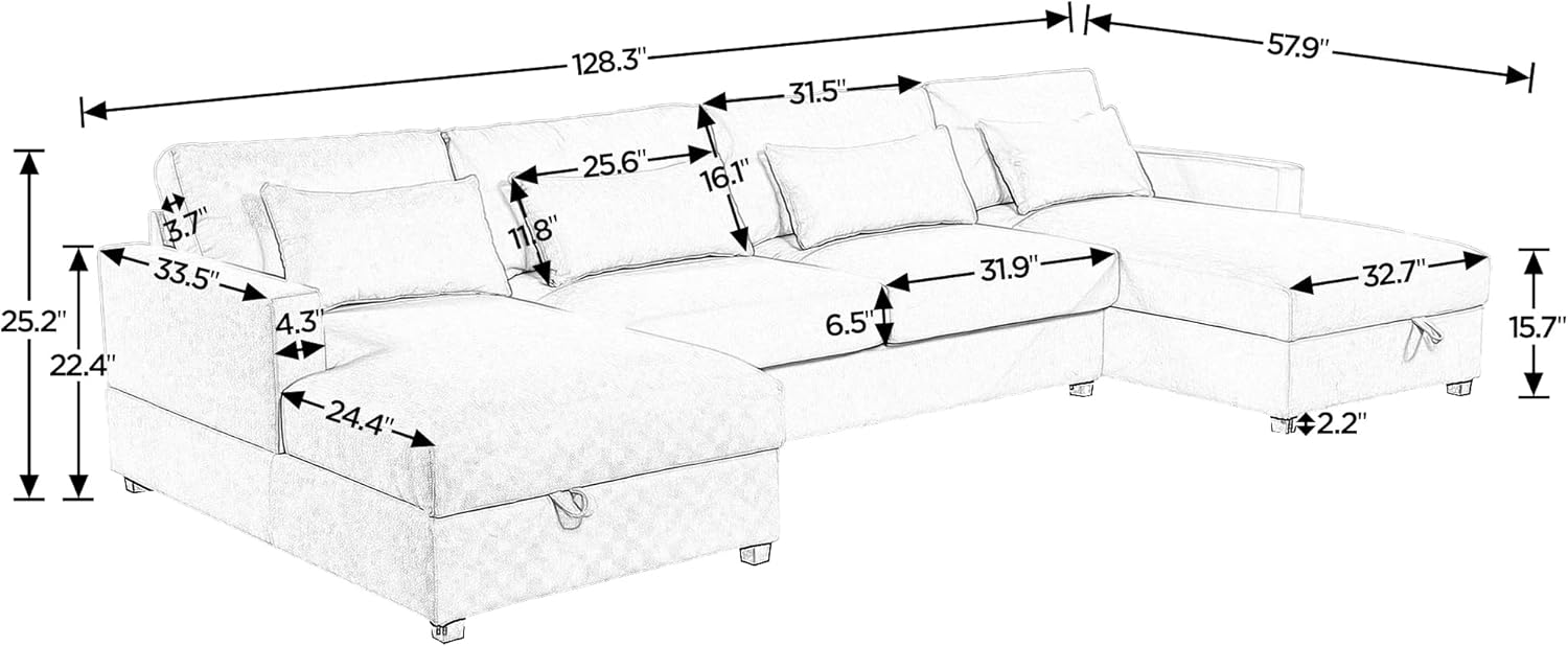 Sofá modular grande en forma de U de 128 pulgadas con 4 almohadas de soporte lumbar y 2 diván grande de almacenamiento, sofá simétrico tapizado de 6