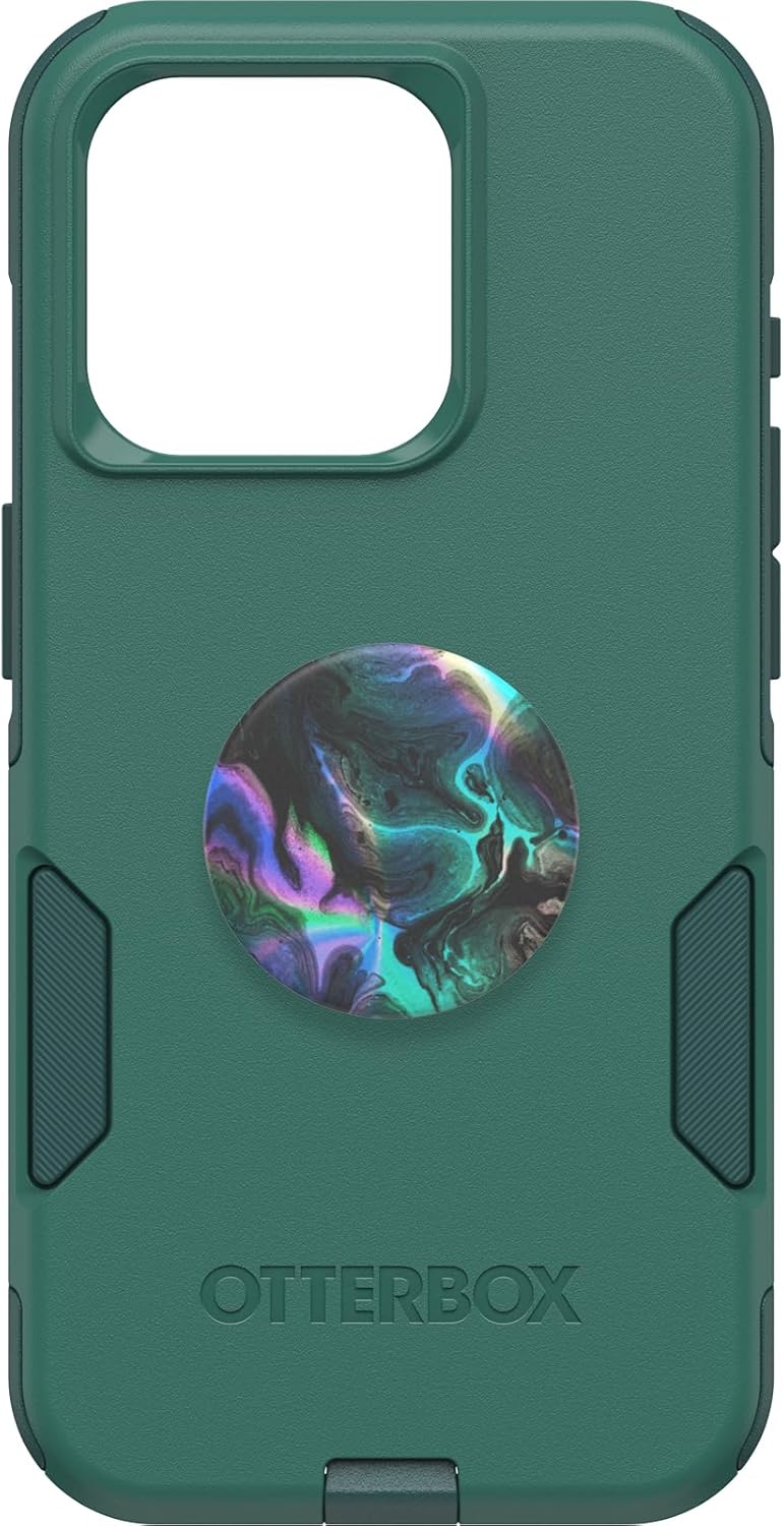 Paquete OtterBox iPhone 15 Pro (solamente) Commuter Series Case – (GET YOUR GREENS) + PopSockets PopGrip (OIL AGATE), delgada y resistente, apta