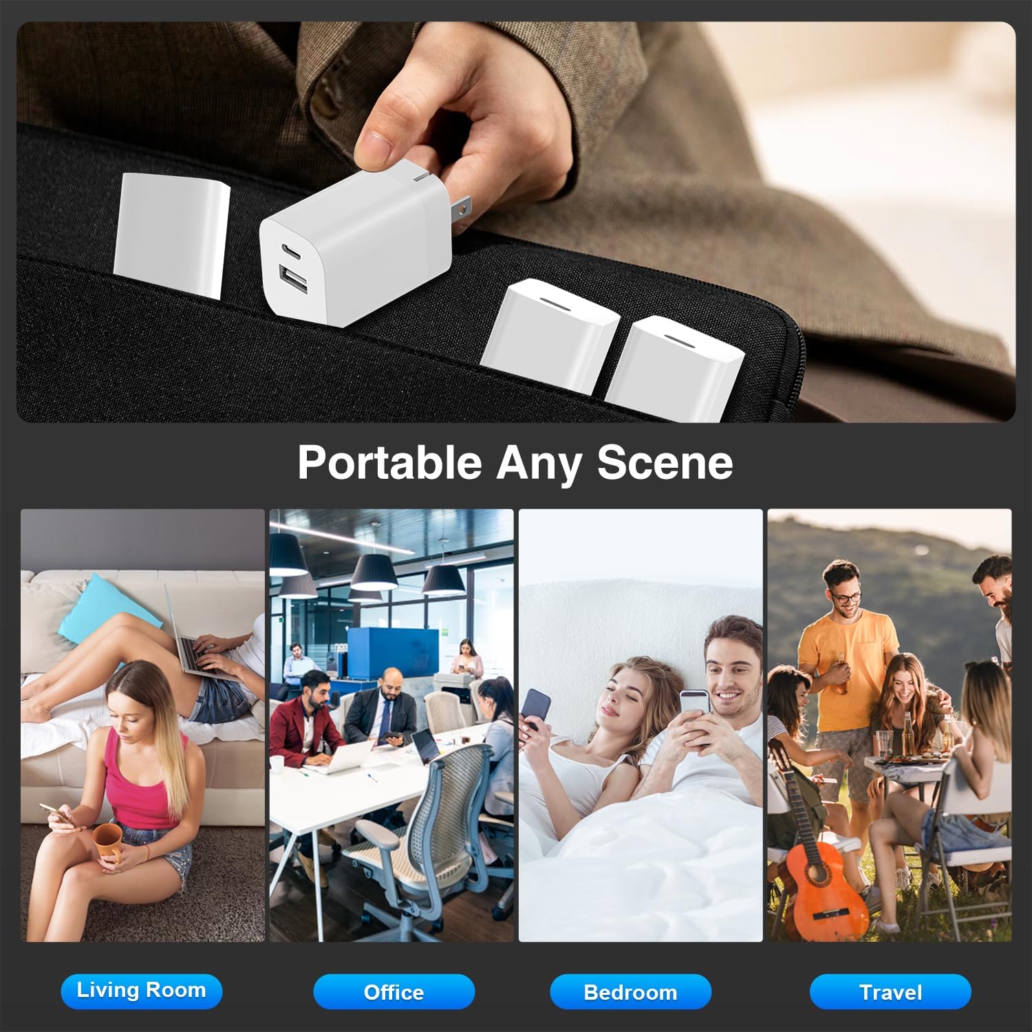 Paquete de 4 cargadores rápidos USB C 20 W PD de carga rápida de bloque de caja de cubos de enchufe y cargadores de pared dobles USB A+C de 12 W,
