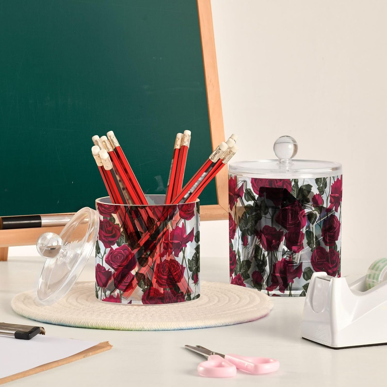 Roses Flowers Jars with Lids Plastic Jars Bathroom Containers Canister Jar Cotton Pad Holder for Dorm Room Essentials for College Students Girls