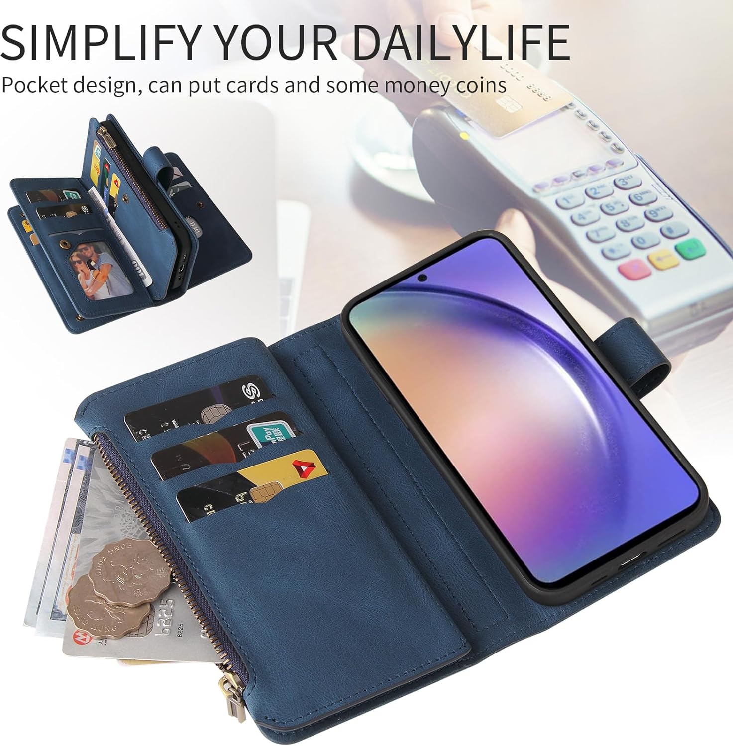 Asuwish Funda de teléfono para Samsung Galaxy A54 5G Funda tipo cartera con protector de pantalla de vidrio templado y correa de muñeca de cuero con