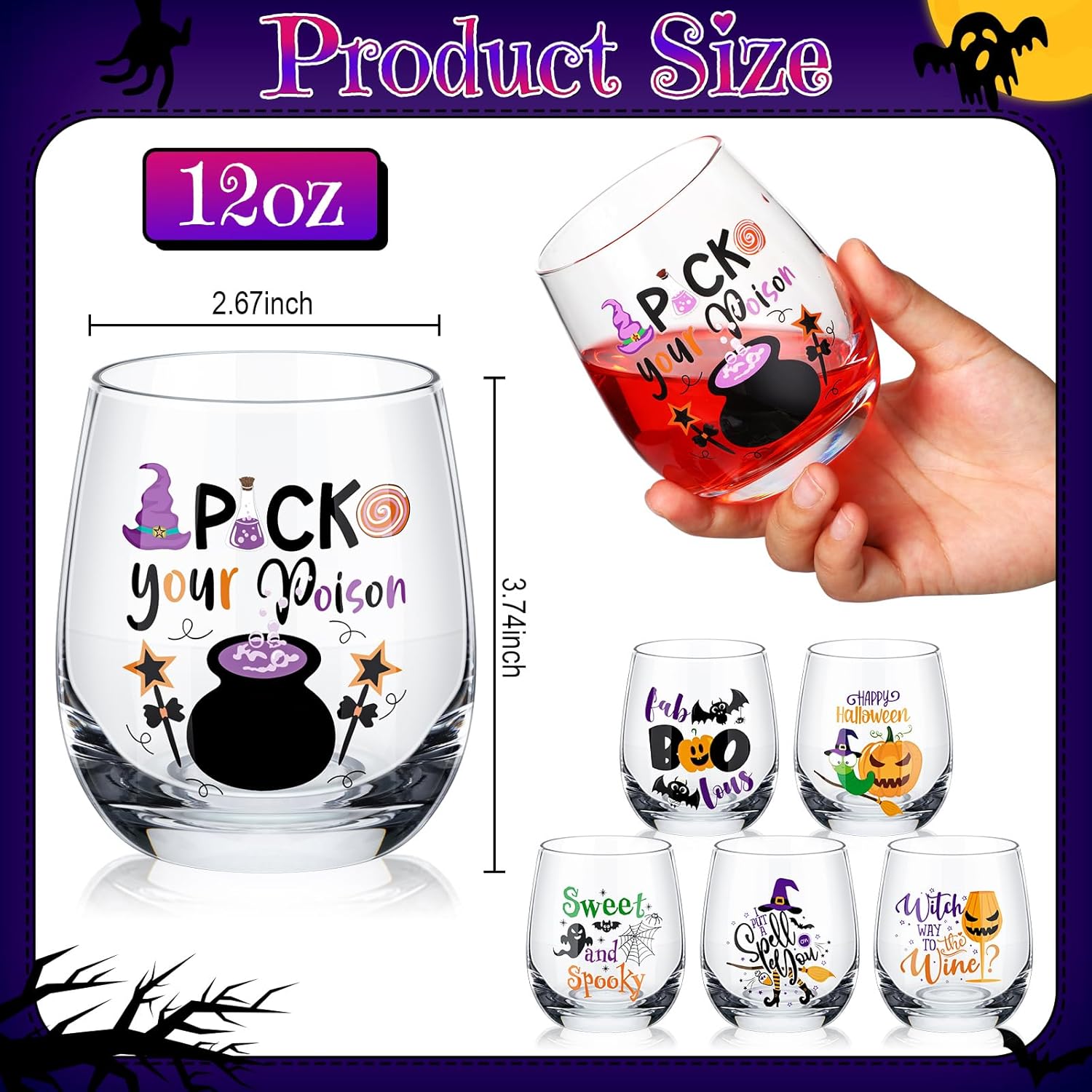 12 copas de vino de Halloween de 12 onzas, copas de vino de brujas, copa de vino de Halloween, sin tallo, copa de vidrio para fiesta de Halloween,