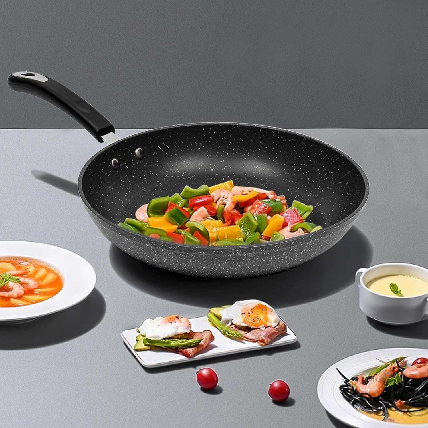 HuaShuani Sartén antiadherente de 11.02 pulgadas, sartén de granito antiadherente, utensilios de cocina de piedra con tapa y asa, tapa de vidrio