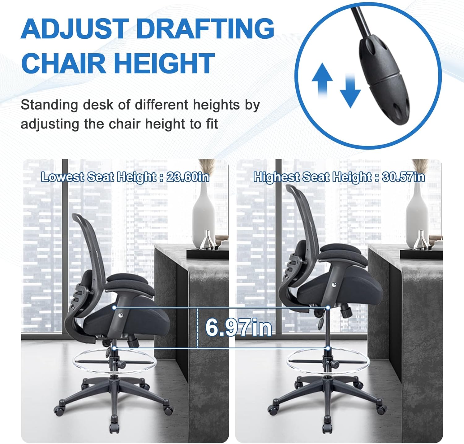 LONGBOSS Silla de redacción de malla para computadora, silla de oficina alta de pie con almohada de apoyo lumbar, reposabrazos ajustable en altura y