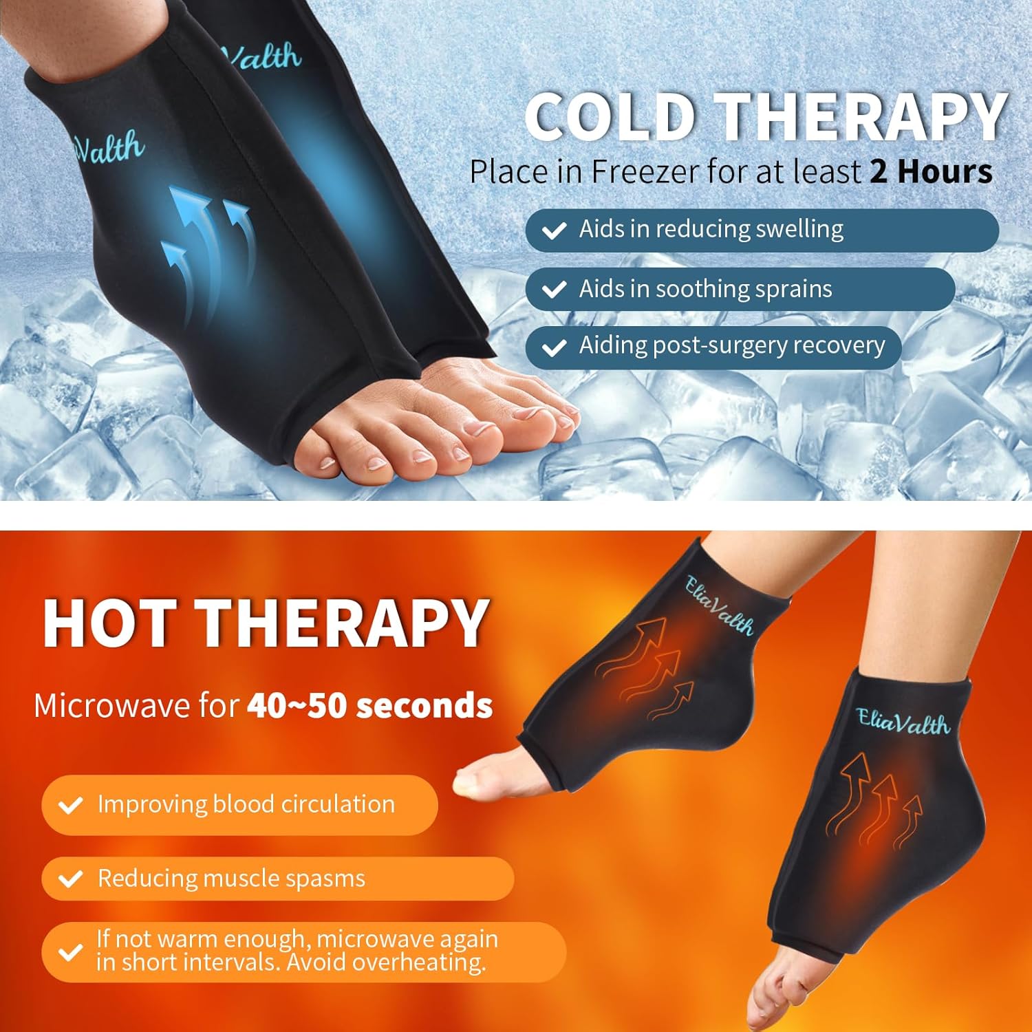 EliaValth Envoltura de hielo para tobillo, bolsas de hielo para lesiones reutilizables, alivio de la fascitis plantar, terapias de calor y frío,