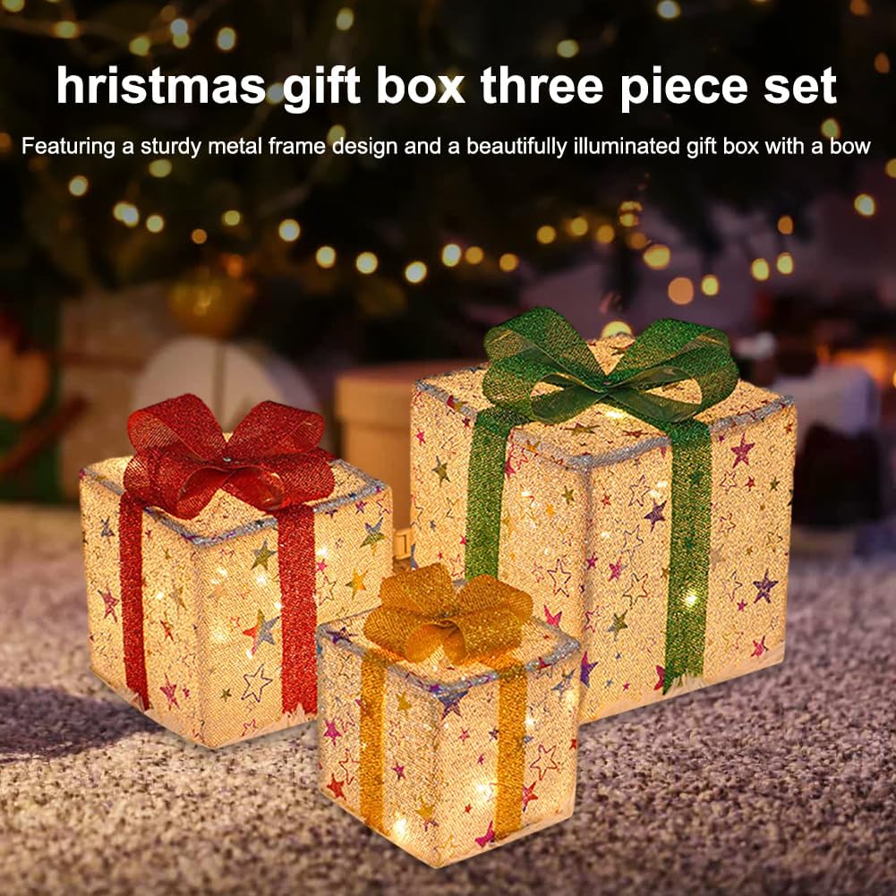 Cajas de regalo iluminadas de Navidad, juego de 3 cajas de decoración de 10 a 8 a 6 pulgadas con lazos y control remoto, funciona con pilas, adorno