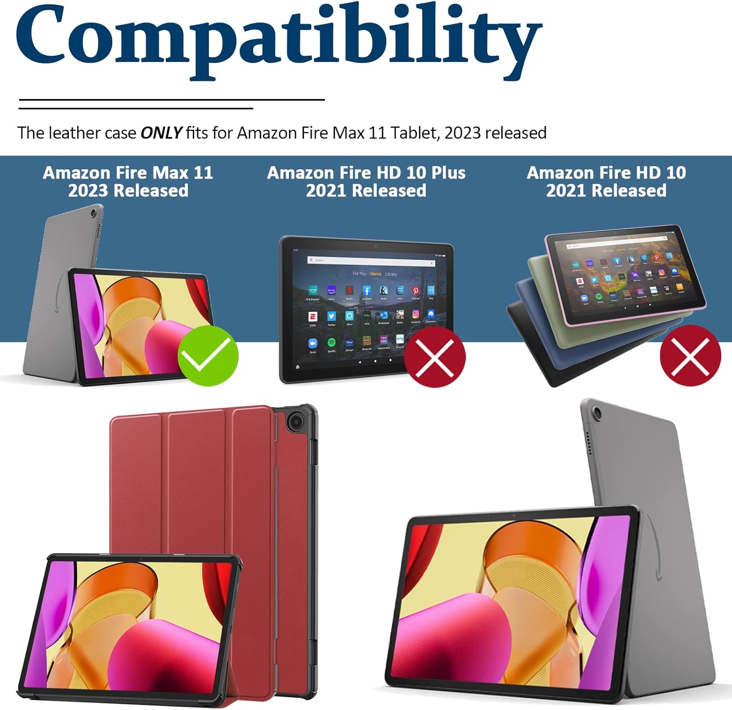 Miimall Case Compatible for Fire Max 11 Tablet 2023, Ultra Thin Slim Leather + Foldable Design PC Back Full Protector Auto WakeSleep Trifold Stand