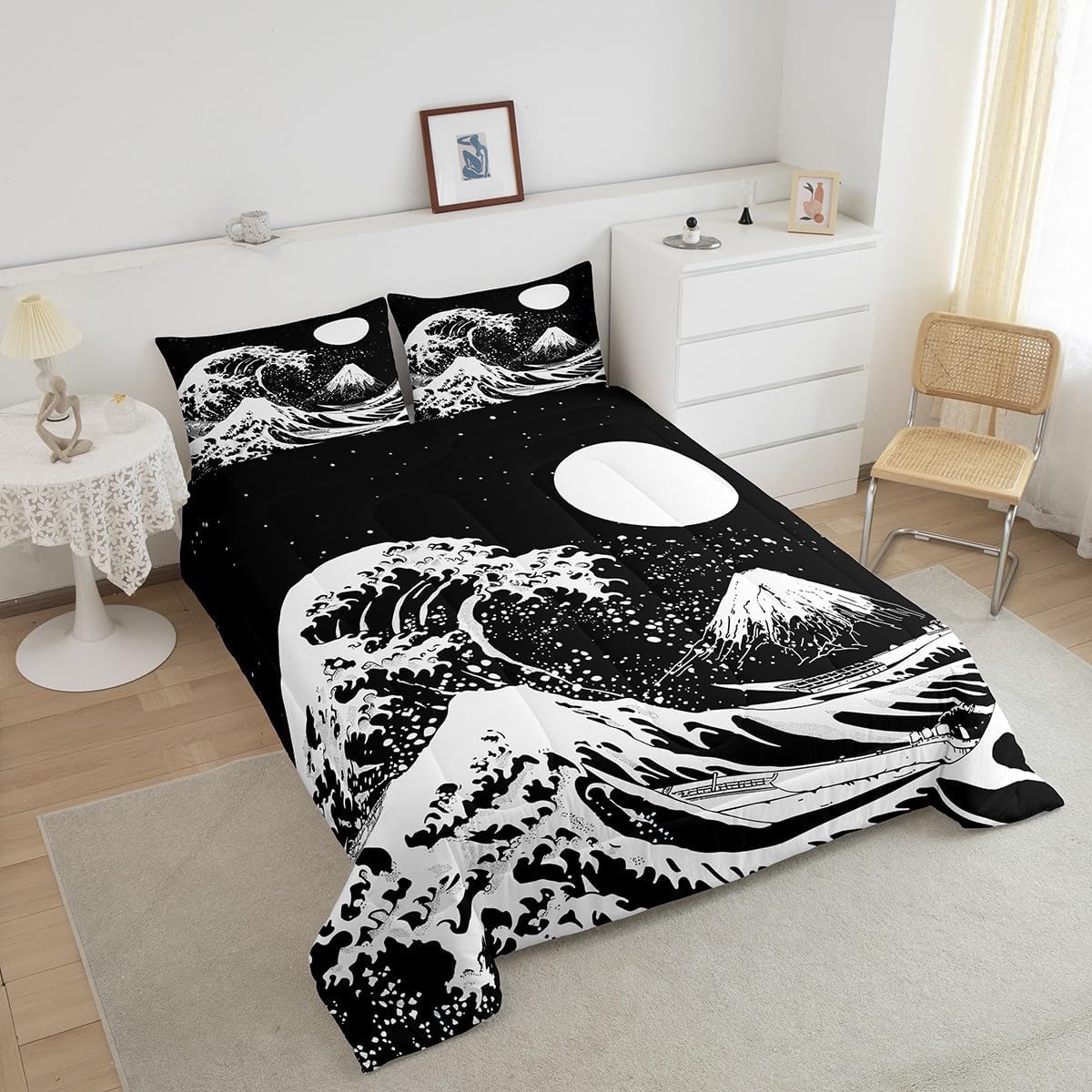 Erosebridal Juego de ropa de cama tamaño King, diseño de olas del océano, edredón de plumón de Fuji de montaña, edredón de estilo japonés, edredón