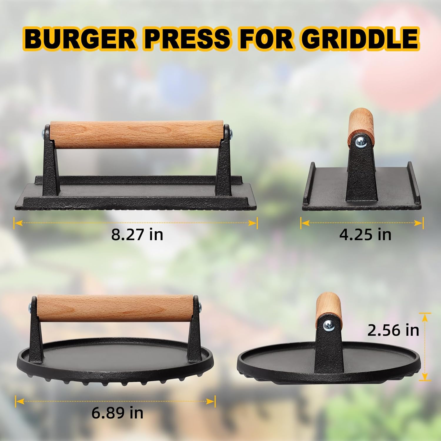 Prensa de hamburguesas para plancha Blackstone, redonda de 6.8 pulgadas y 8.2 x 4.2 pulgadas, rectangular de hierro fundido resistente, para carne y