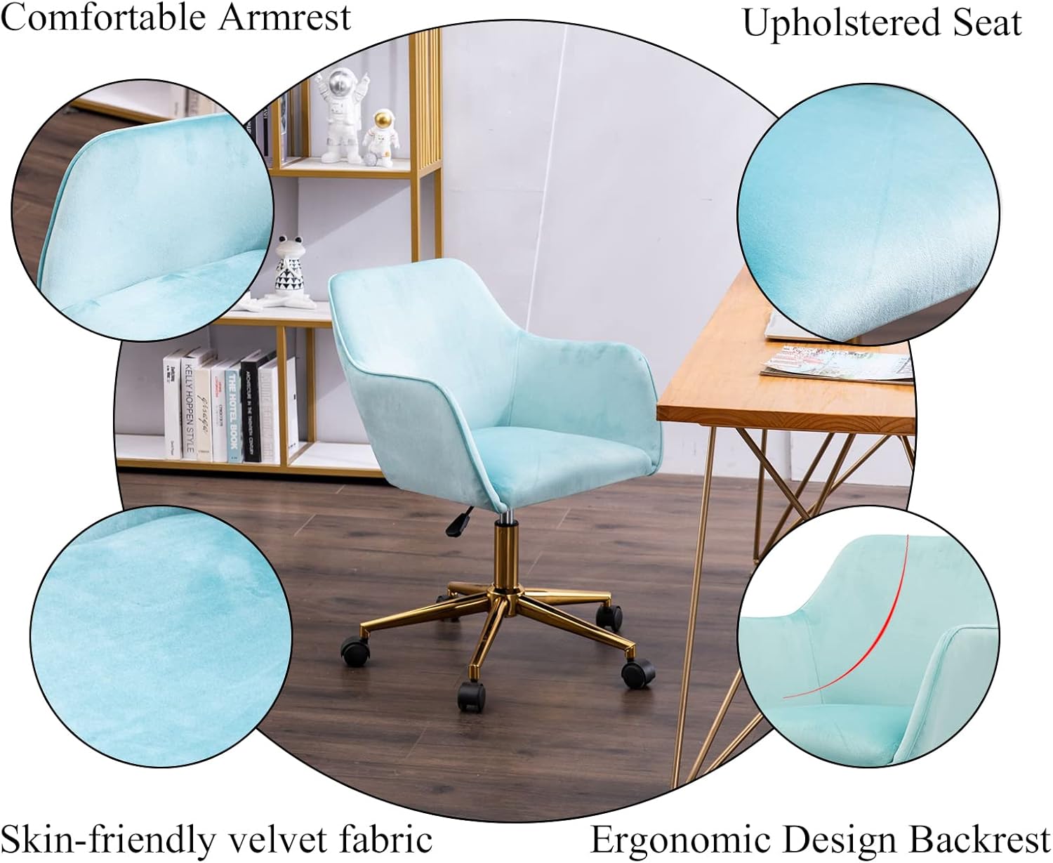 Yoluckea Silla moderna de terciopelo para oficina en casa, silla giratoria ajustable para sala de estar, bonita silla de escritorio para