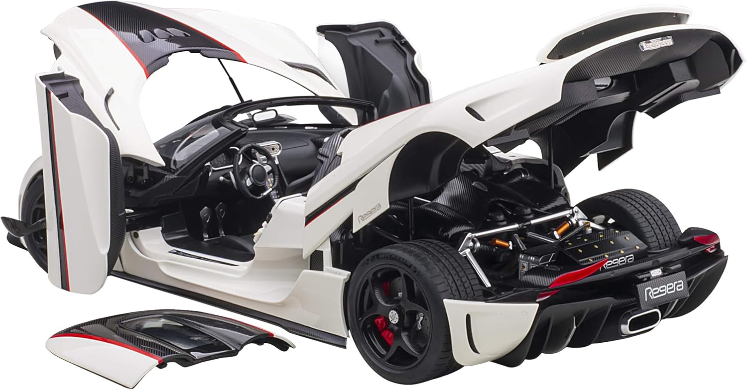 Koenigsegg Regera 79027 – Coche modelo 118 blanco con carbón negro y rayas rojas