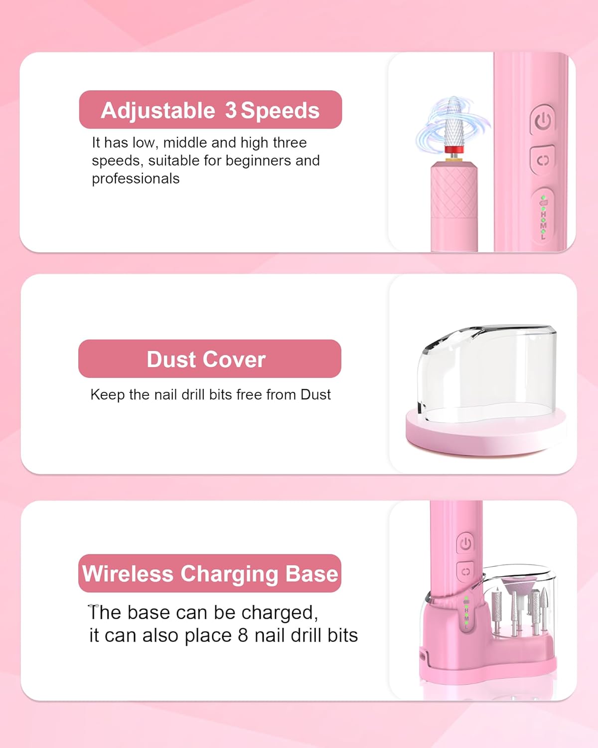 DEEHENK Taladro de uñas eléctrico inalámbrico portátil para uñas acrílicas de gel, lima de uñas recargable para el hogar, sala de belleza, lima de
