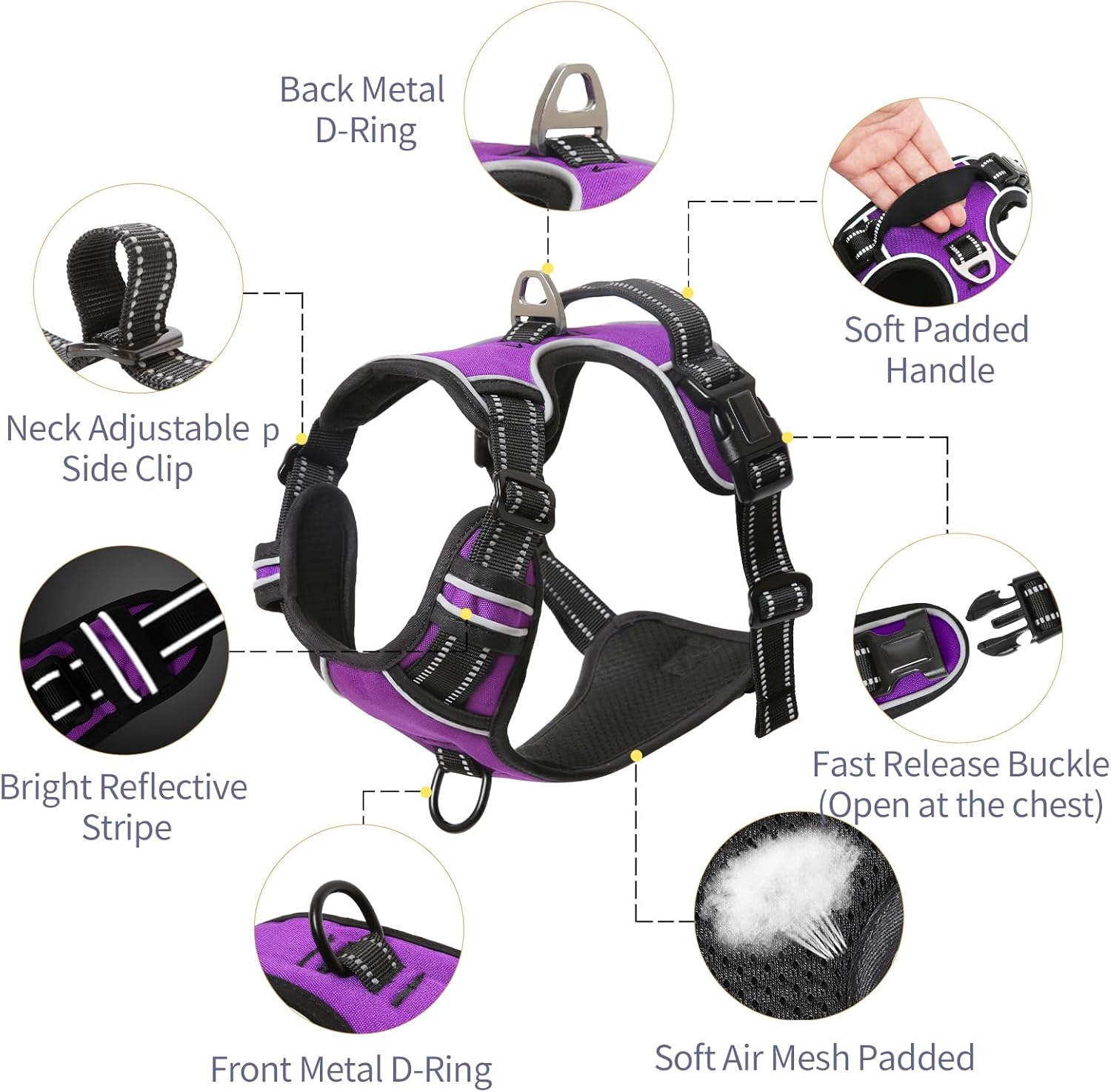 Timos Arnés para perro sin tirones, arnés de chaleco con clip frontal para perros medianos, arnés acolchado suave reflectante ajustable con 2