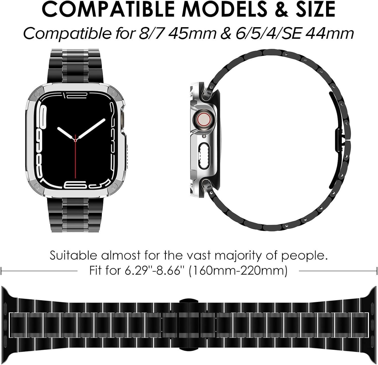 KADES Correa de acero inoxidable sólida compatible con Apple Watch de 1.929 in 1.772 in 1.732 in 1.654 in 1.614 in 1.575 in 1.496 in, correa de