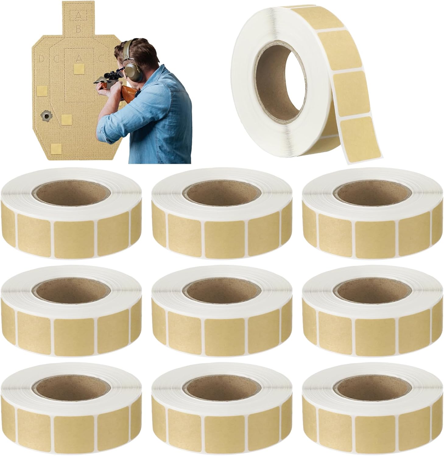 Qilery 9000 unidades9 rollos de calcomanías cuadradas de 0.87 pulgadas, calcomanías de tiro autoadhesivas, etiquetas de papel kraft para práctica de
