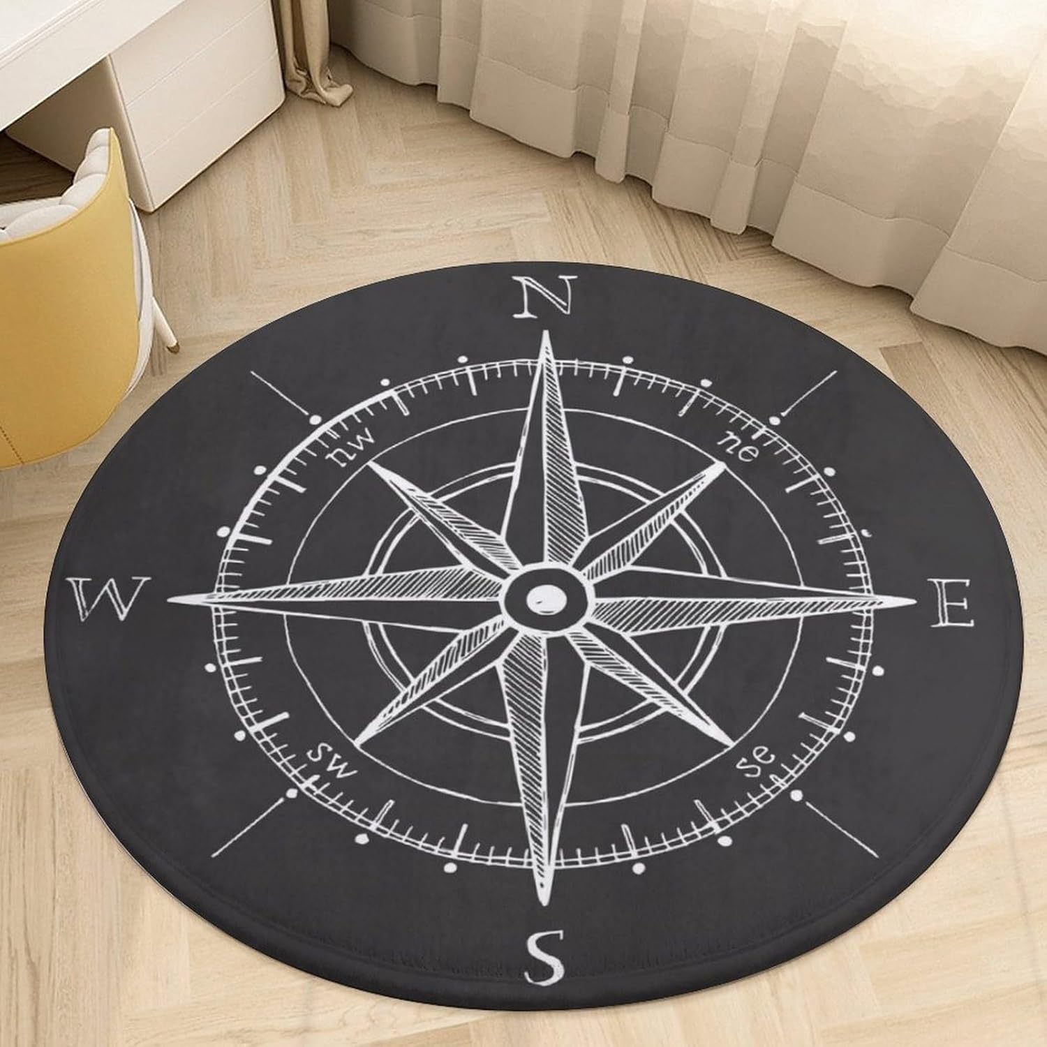 HoaMoya Alfombra redonda de brújula de viento negro con brújula redonda de viaje para baño, dormitorio, cocina, alfombra antideslizante de 3 pies