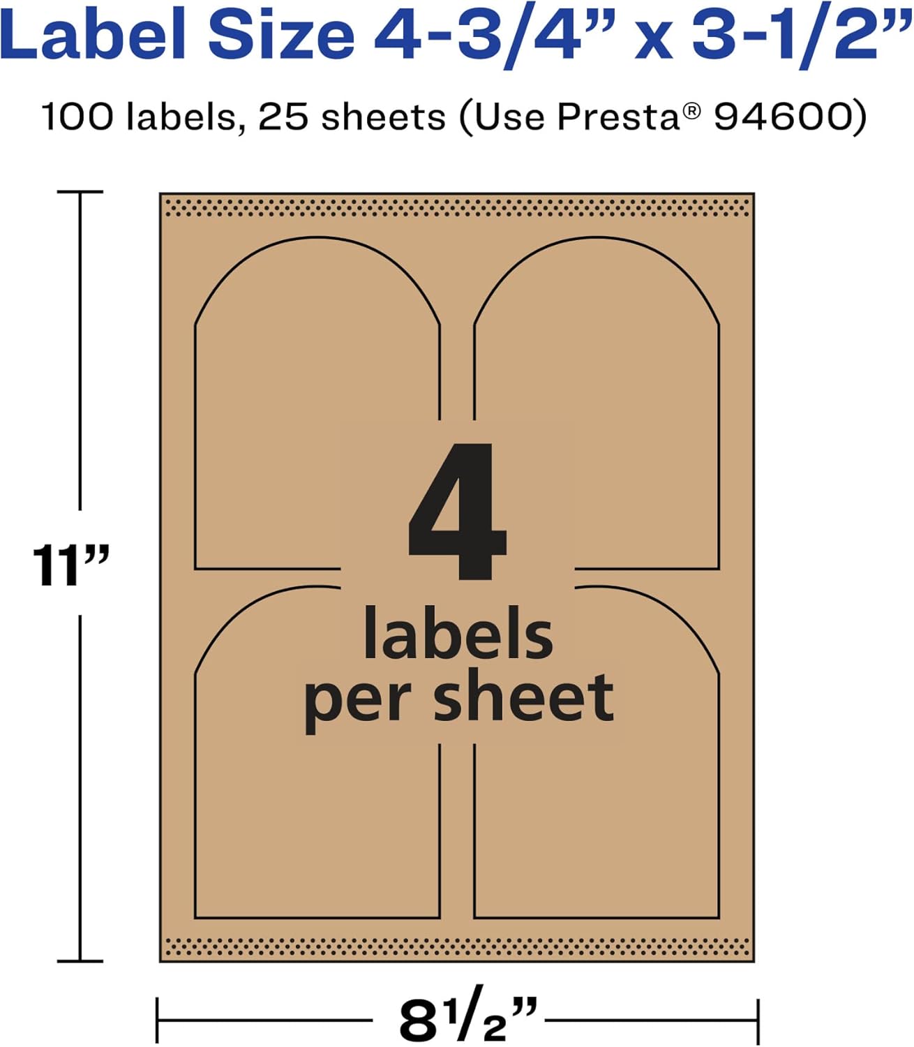 Avery Etiquetas de papel kraft marrón arqueadas con alimentación segura, 4.75 x 3.5 pulgadas, 100 etiquetas marrones Kraft, impresión hasta el