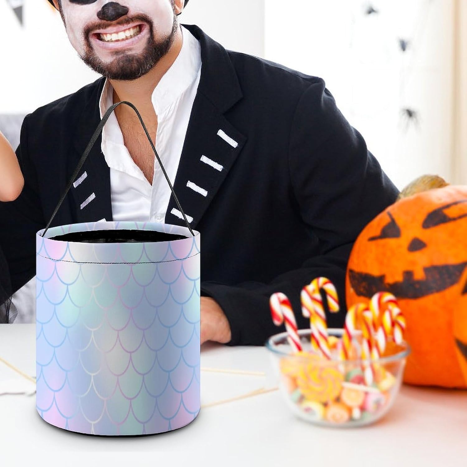 SLNFDKND Cubo de cubo de Halloween con diseño de sirena arcoíris, bolsa de dulces para niños, decoraciones de Halloween