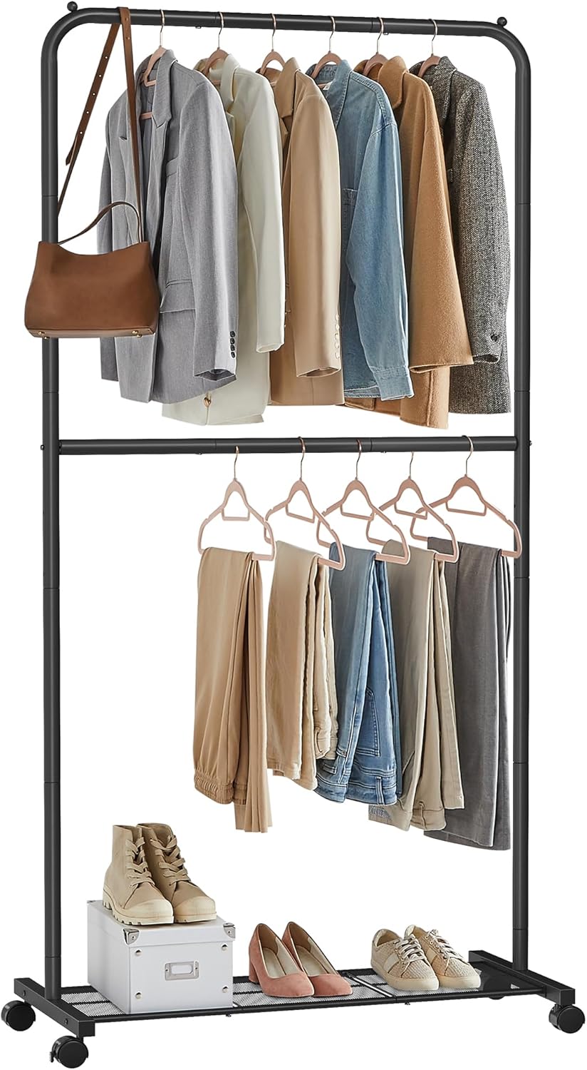 SONGMICS Perchero con ruedas, 35.8 pulgadas de doble barra, perchero para colgar ropa, con estante de almacenamiento de malla densa, capacidad de
