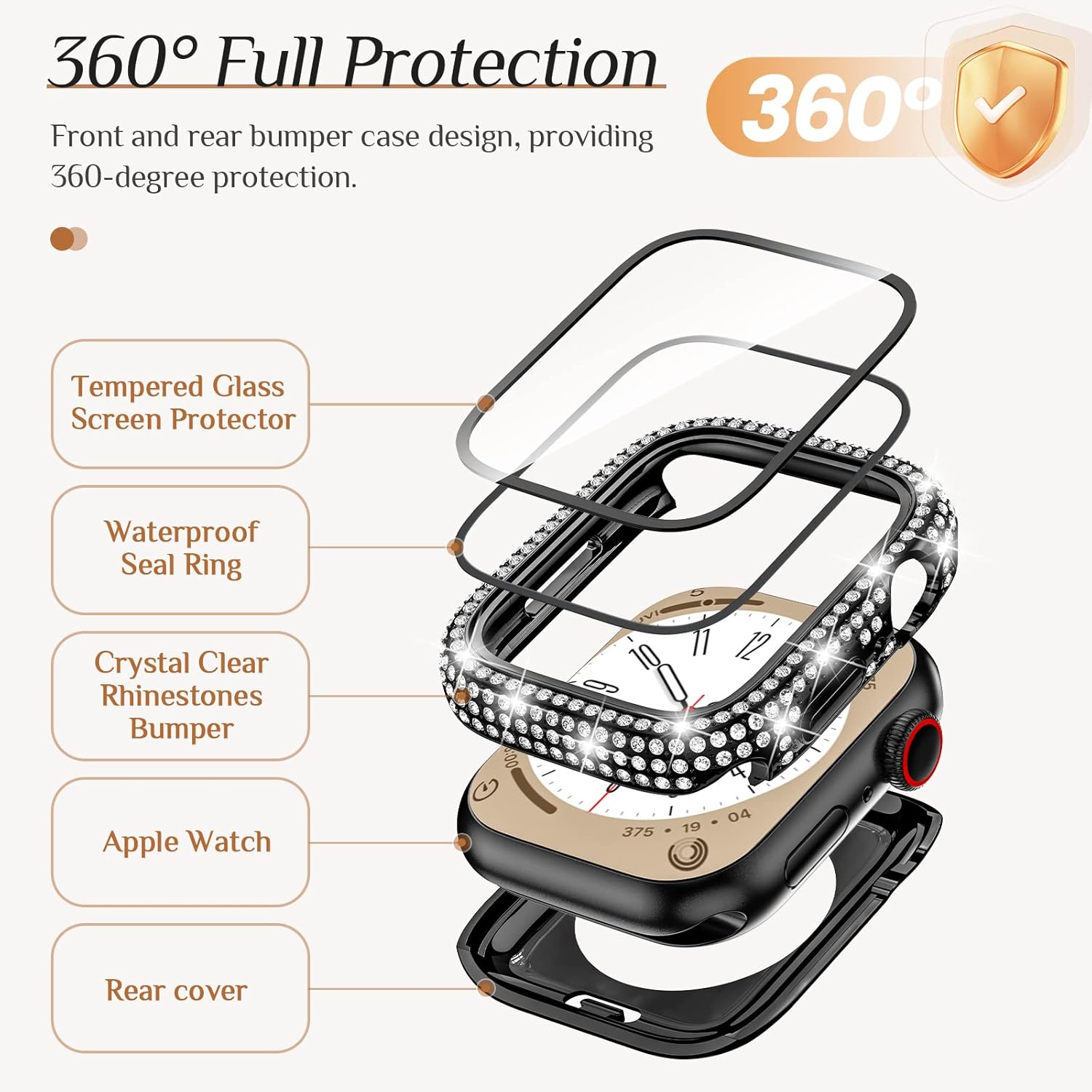 Goton Funda impermeable brillante 2 en 1 para Apple Watch de 1.575 pulgadas, protector de pantalla SE (2 generación) Series 6 5 4, con diamantes de
