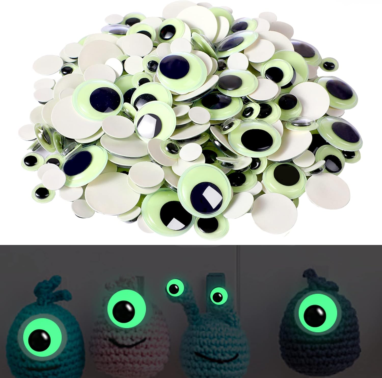 UPINS Wiggle Googly Eyes Self Adhesive Glowing in Dark Luminous 300Pcs Craft Sticker Sparkle Colored Googly Eyes for DIY Decoration 10 15 20 25mm