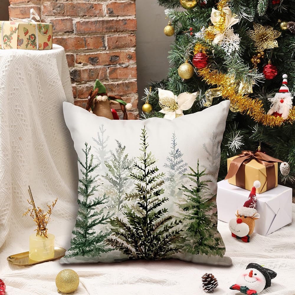 DFXSZ Juego de 2 fundas de almohada de Navidad de 18 x 18 pulgadas, diseño de acuarela azul y verde, árbol de Navidad, estilo rústico, estampado de
