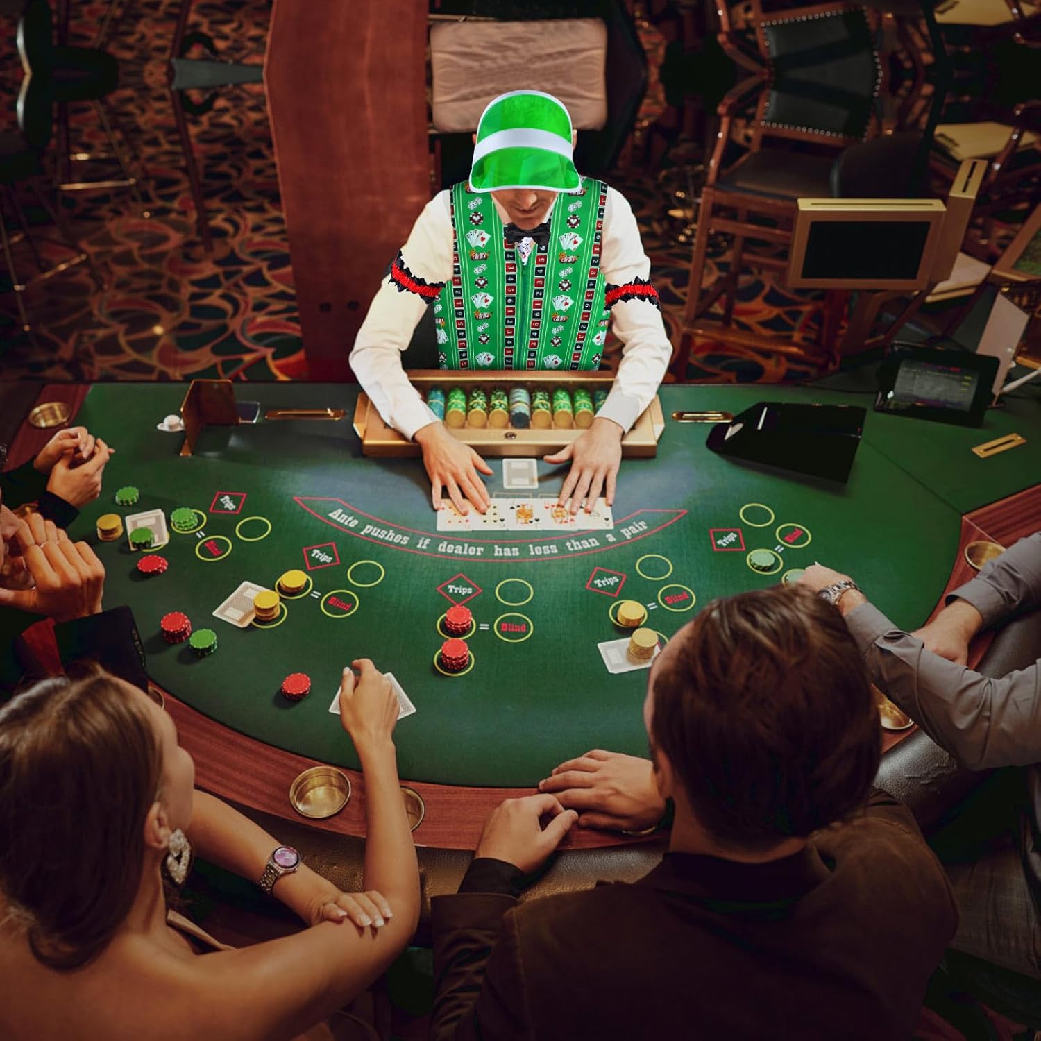 Juego de chaleco de distribuidor de casino, viseras de distribuidor, sombrero, pajarita, tarjeta de juego, corbata, brazalete, para Las Vegas, juego