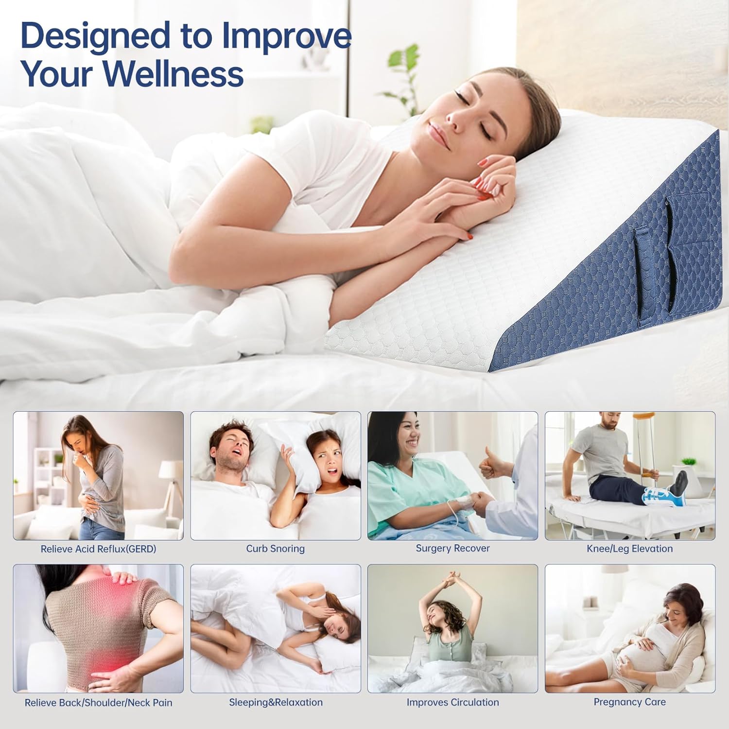 Almohada de cuña de 12 pulgadas con fundas extra reemplazables para mejorar el sueño después de la cirugía, almohada triangular de cuña Gerd