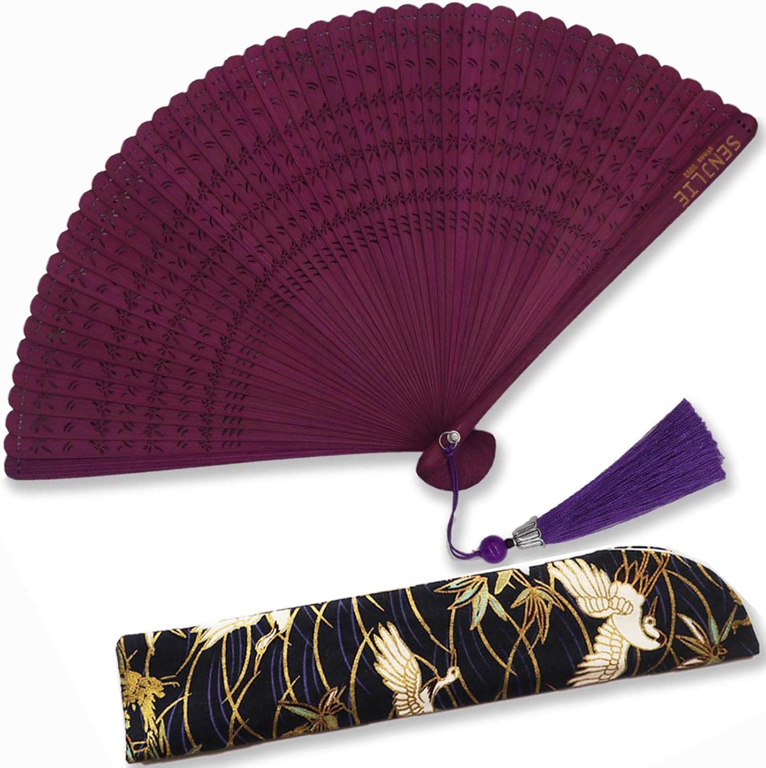 SENJLIE – Abanico plegable de bambú hecho a mano de 7 pulgadas (7.1in) para mujer, ventilador de mano plegable de madera chinajaponesa con bolsa de