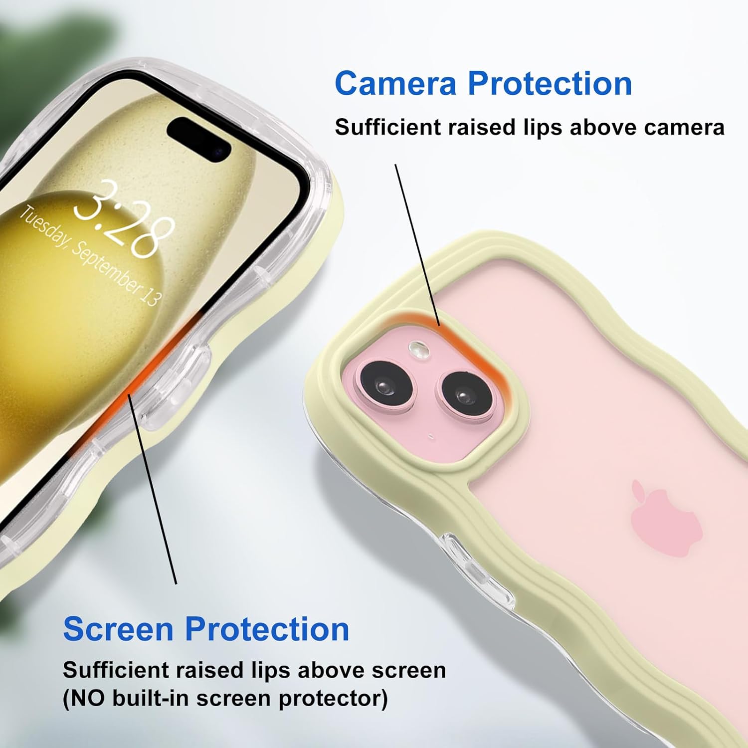 Anuck Funda para iPhone 15 con borde ondulado, diseño trasero transparente, agarre antideslizante, forma de marco rizado, a prueba de golpes, TPU