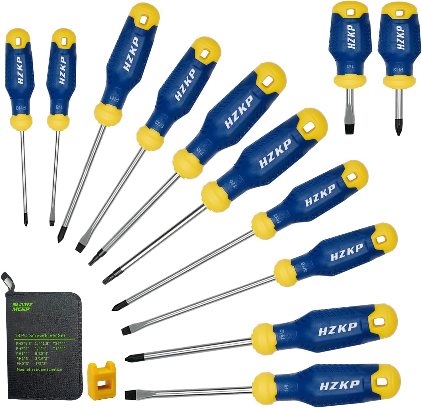 SUNHZMCKP – Juego de destornilladores magnéticos de 13 piezas, 5 Phillips y 5 ranurados y 2 puntas Torx, tiene magnetizador profesional de agarre