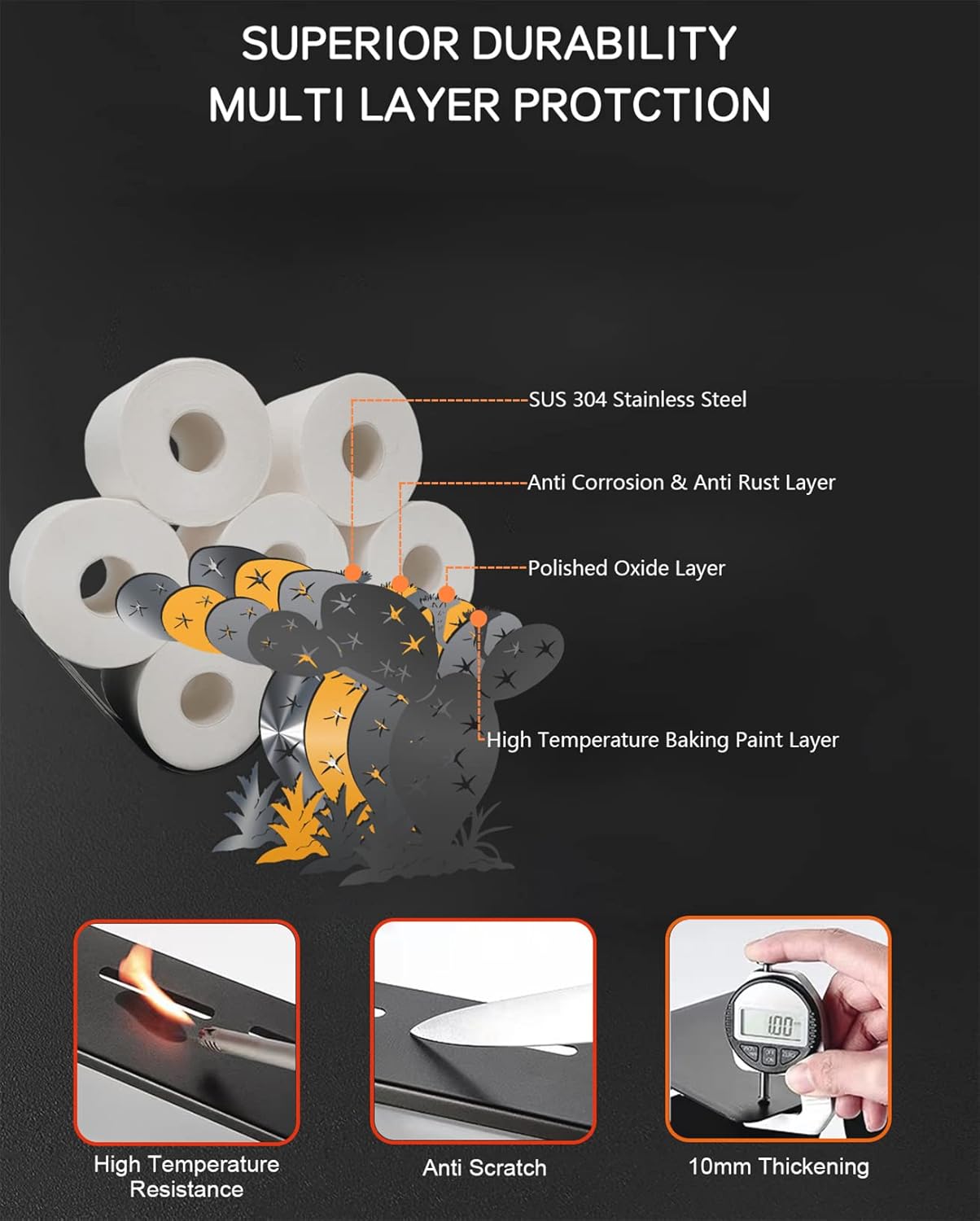 Gojoamoy Soporte de papel higiénico de cactus, decoración de metal, 8 rollos de almacenamiento de papel higiénico, cesta de pañuelos independiente,