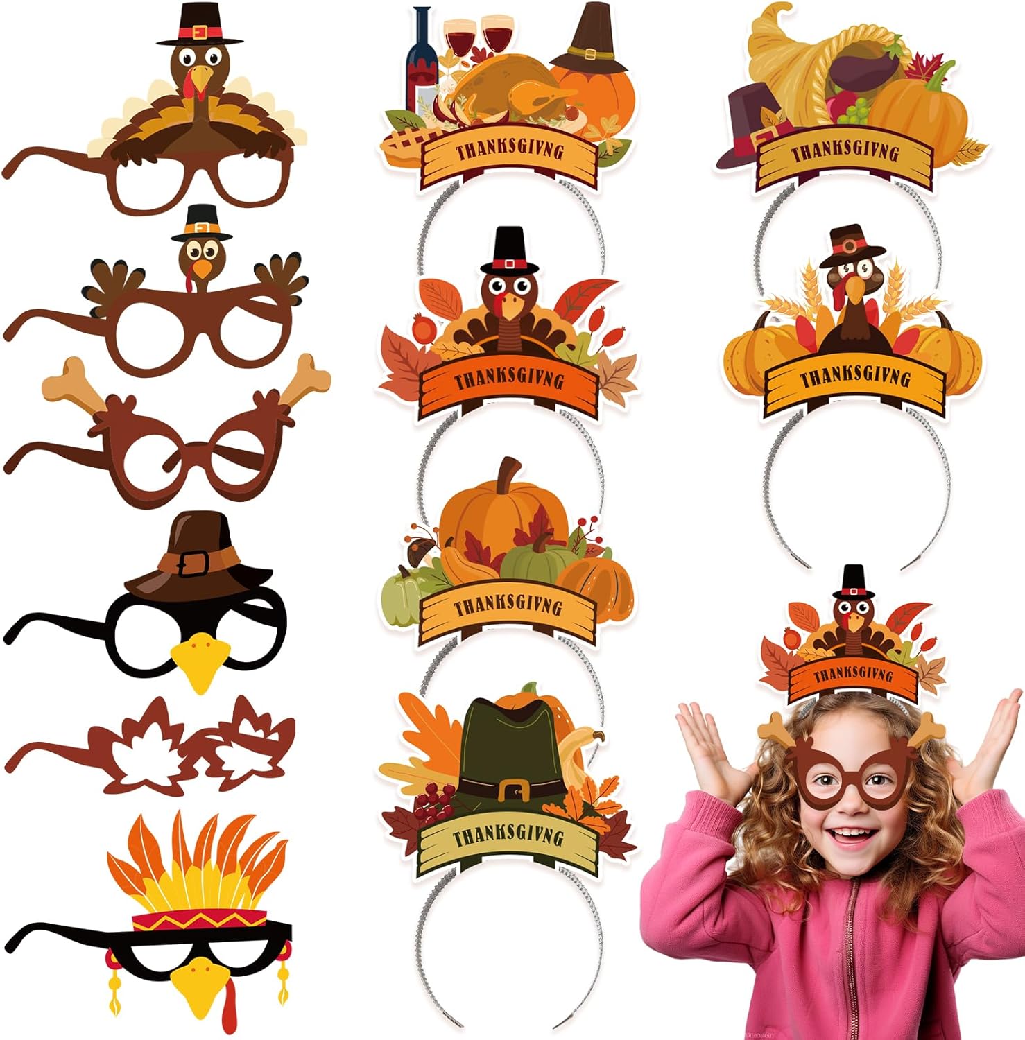 LovesTown Juego de 12 diademas para gafas de Acción de Gracias, Turquía y marco de anteojos, lentes de papel para fiestas, accesorios para fotos