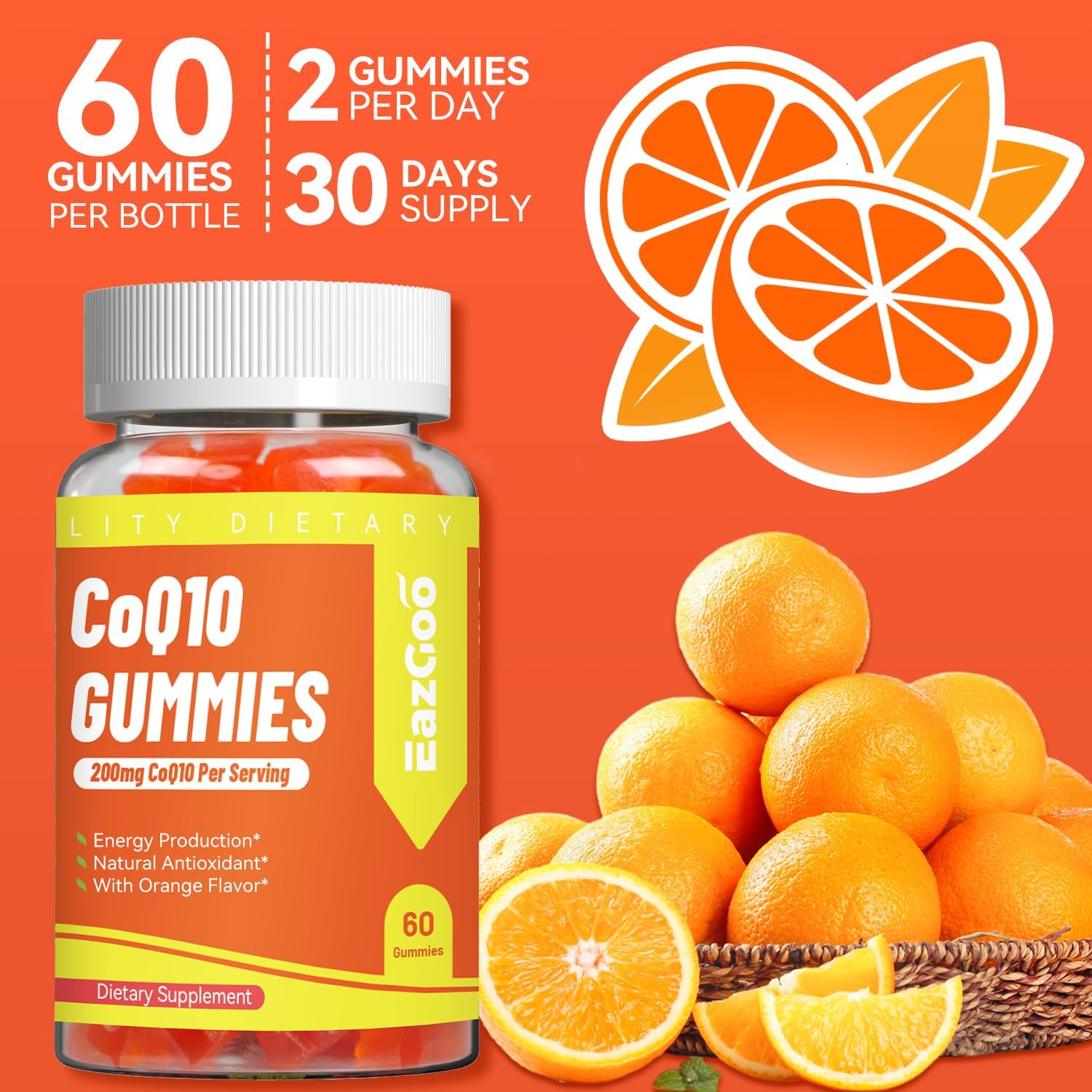 Gomitas CoQ10 de 200 mg, suplemento vegano para producción de energía, sin OMG, sin gluten (120 gomitas)