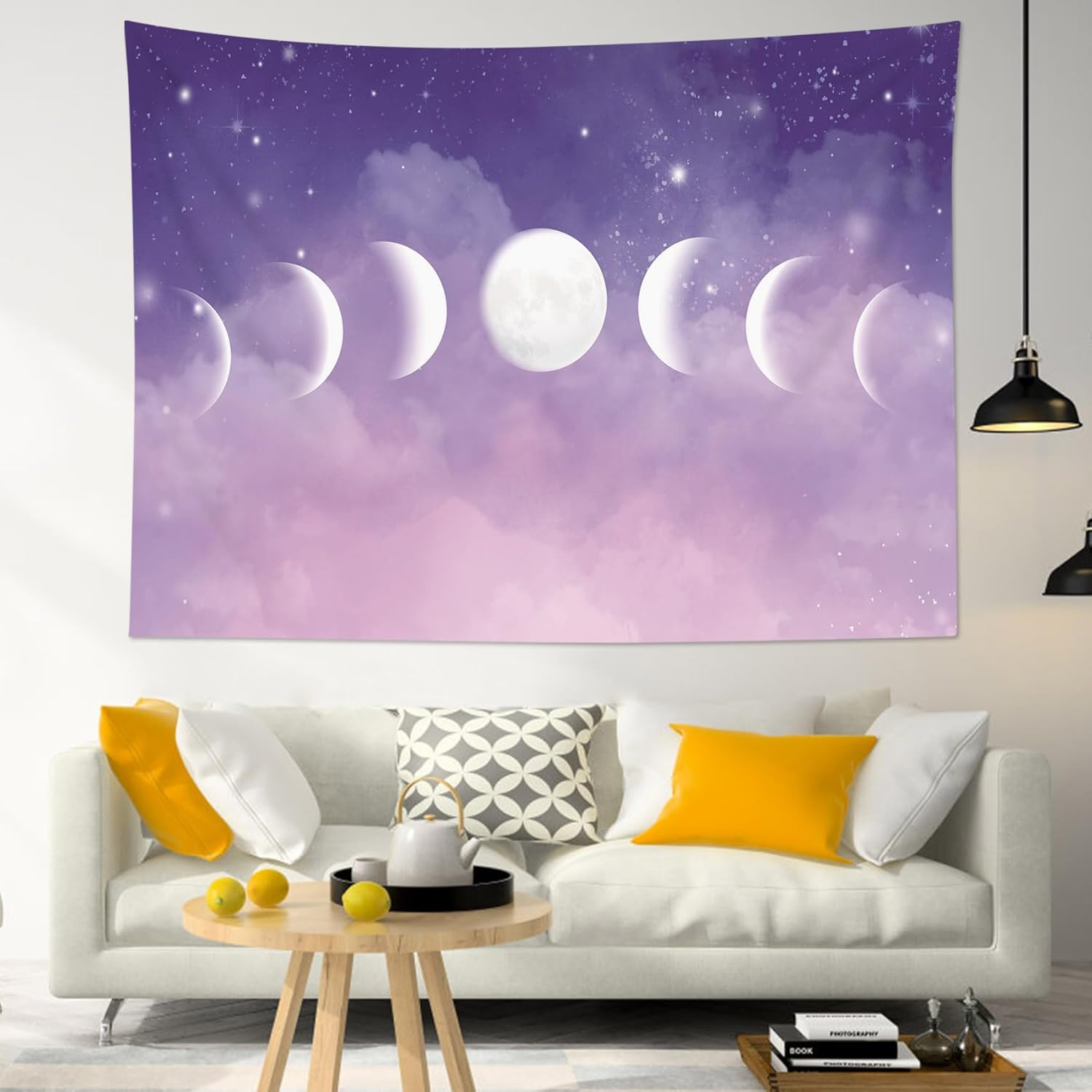 HVEST Tapiz de fase lunar para colgar en la pared, fase lunar y estrellas con nube en el cielo morado, tapiz de paisaje natural pastel para sala de