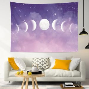 HVEST Tapiz de fase lunar para colgar en la pared, fase lunar y estrellas con nube en el cielo morado, tapiz de paisaje natural pastel para sala de HVEST Tapiz de fase lunar para colgar en la pared, fase lunar y estrellas con nube en el cielo morado, tapiz de paisaje natural pastel para sala de