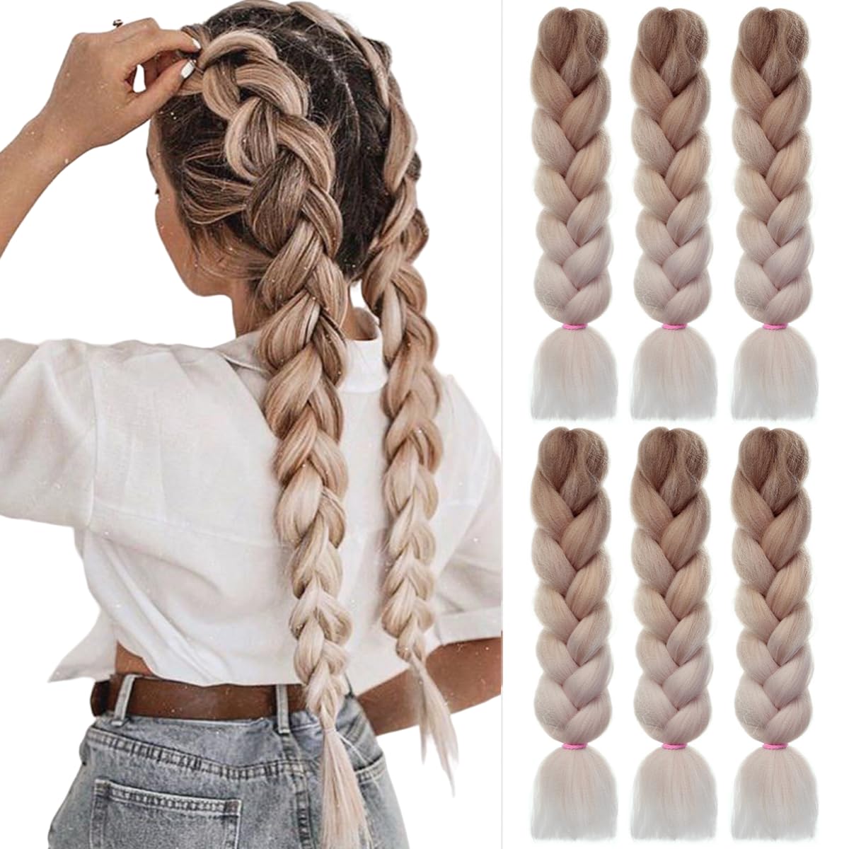EMMOR Extensiones de cabello trenzado jumbo de 24 pulgadas, fibra sintética de alta temperatura, 6 piezas de trenzas de caja, trenzas trenzadas de