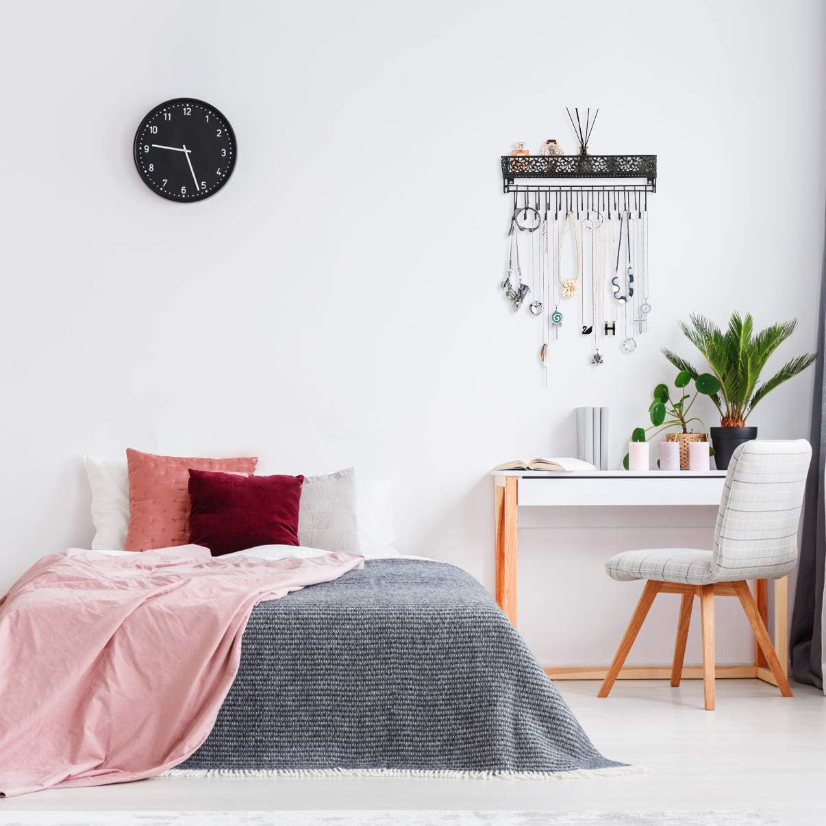 Urban Deco Organizador de joyas montado en la pared  Soporte rectangular colgante para joyas con estante organizador de collar de pared  Estante de